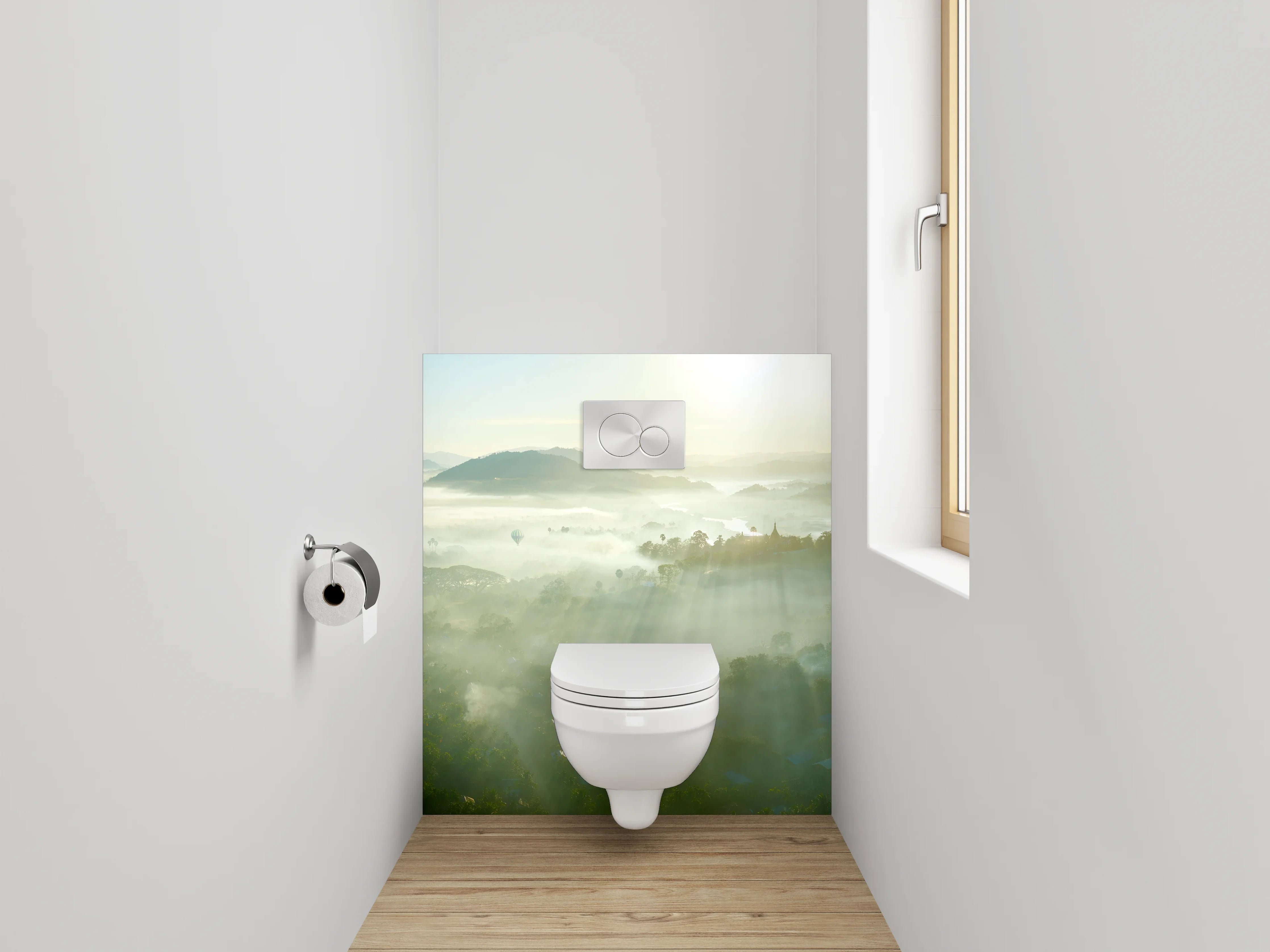WC-Rückwand - Morgendliche Nebellandschaft mit Sonnenaufgang
