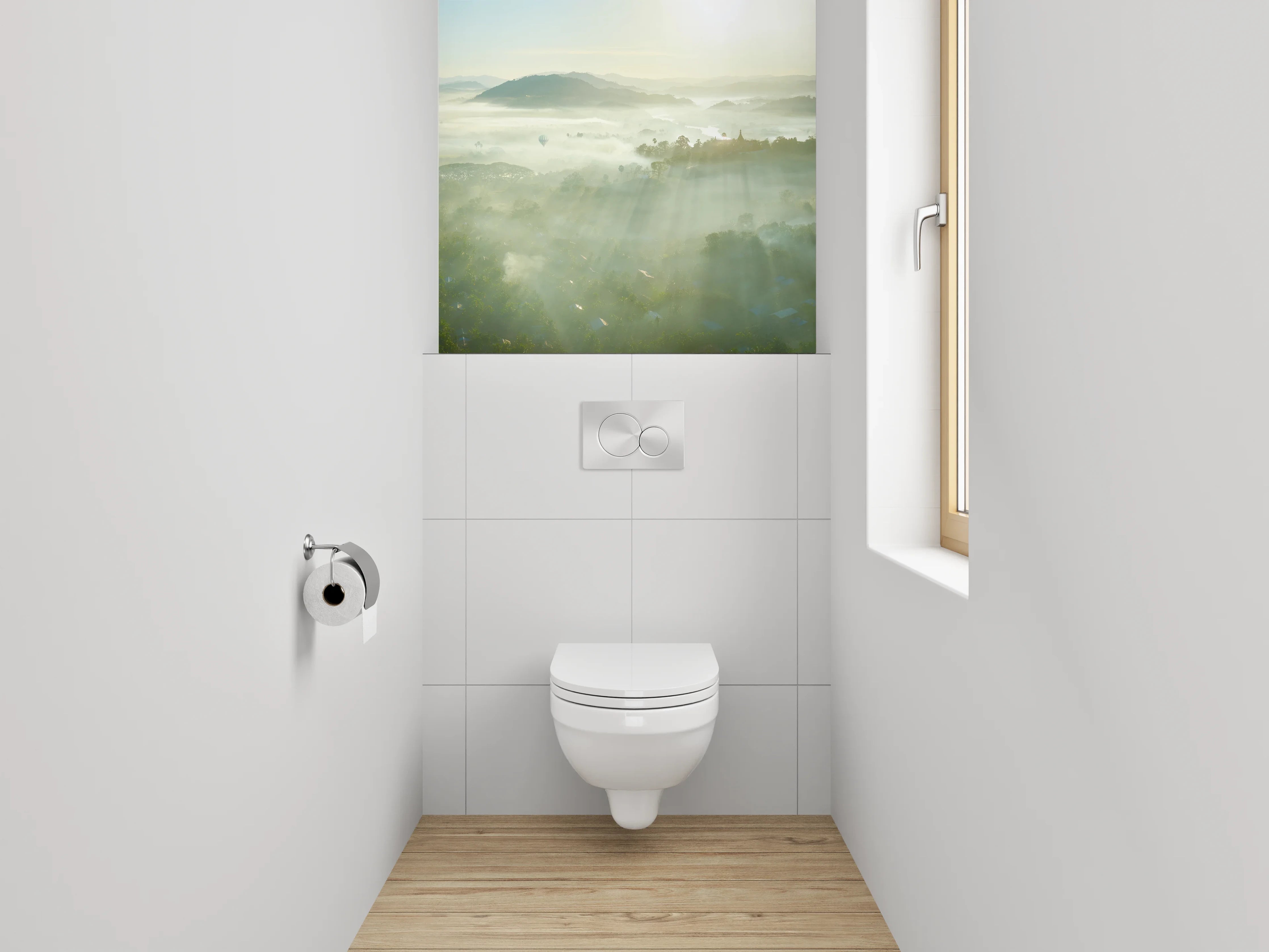 WC-Rückwand - Morgendliche Nebellandschaft mit Sonnenaufgang