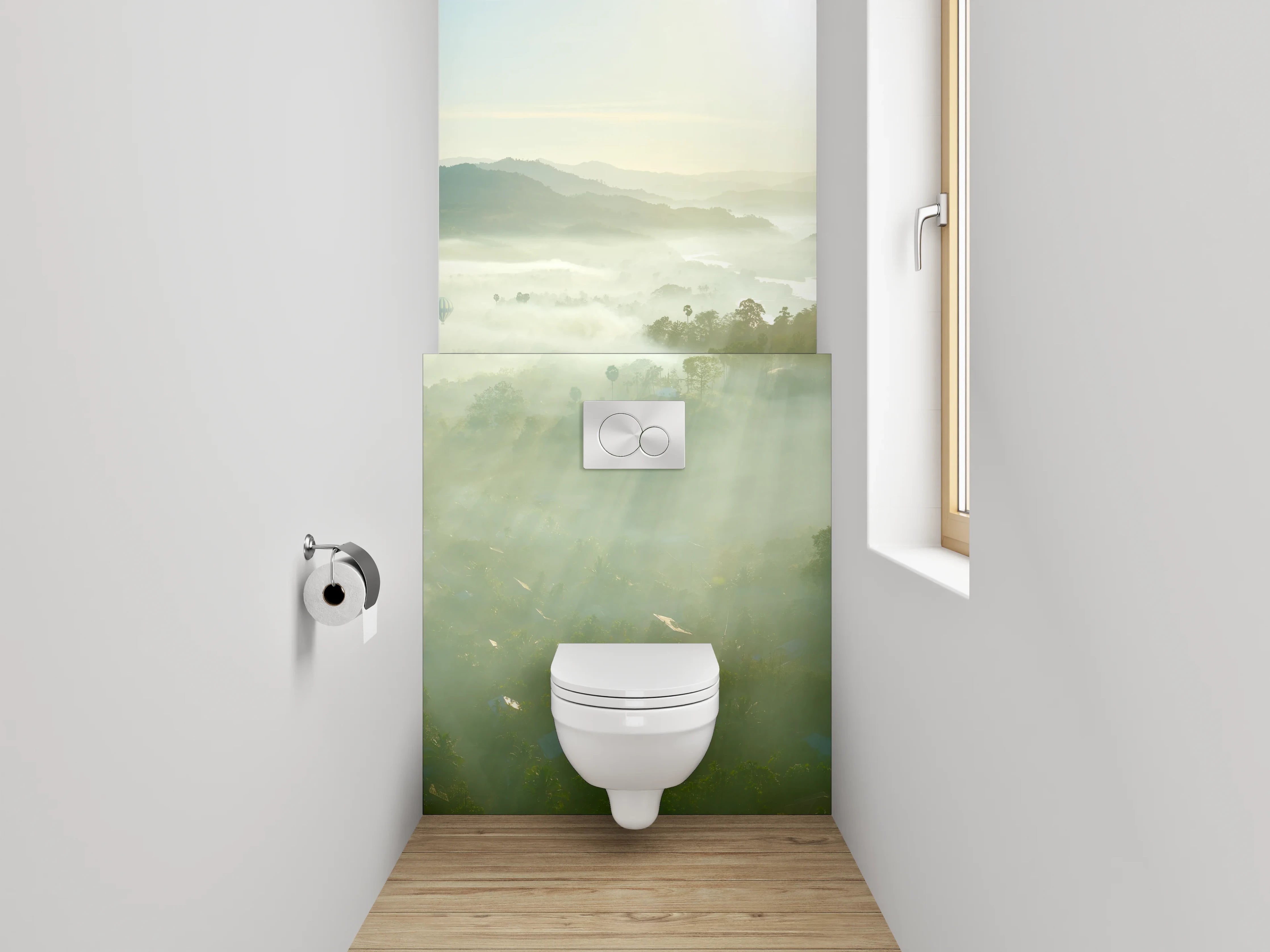 WC-Rückwand - Morgendliche Nebellandschaft mit Sonnenaufgang