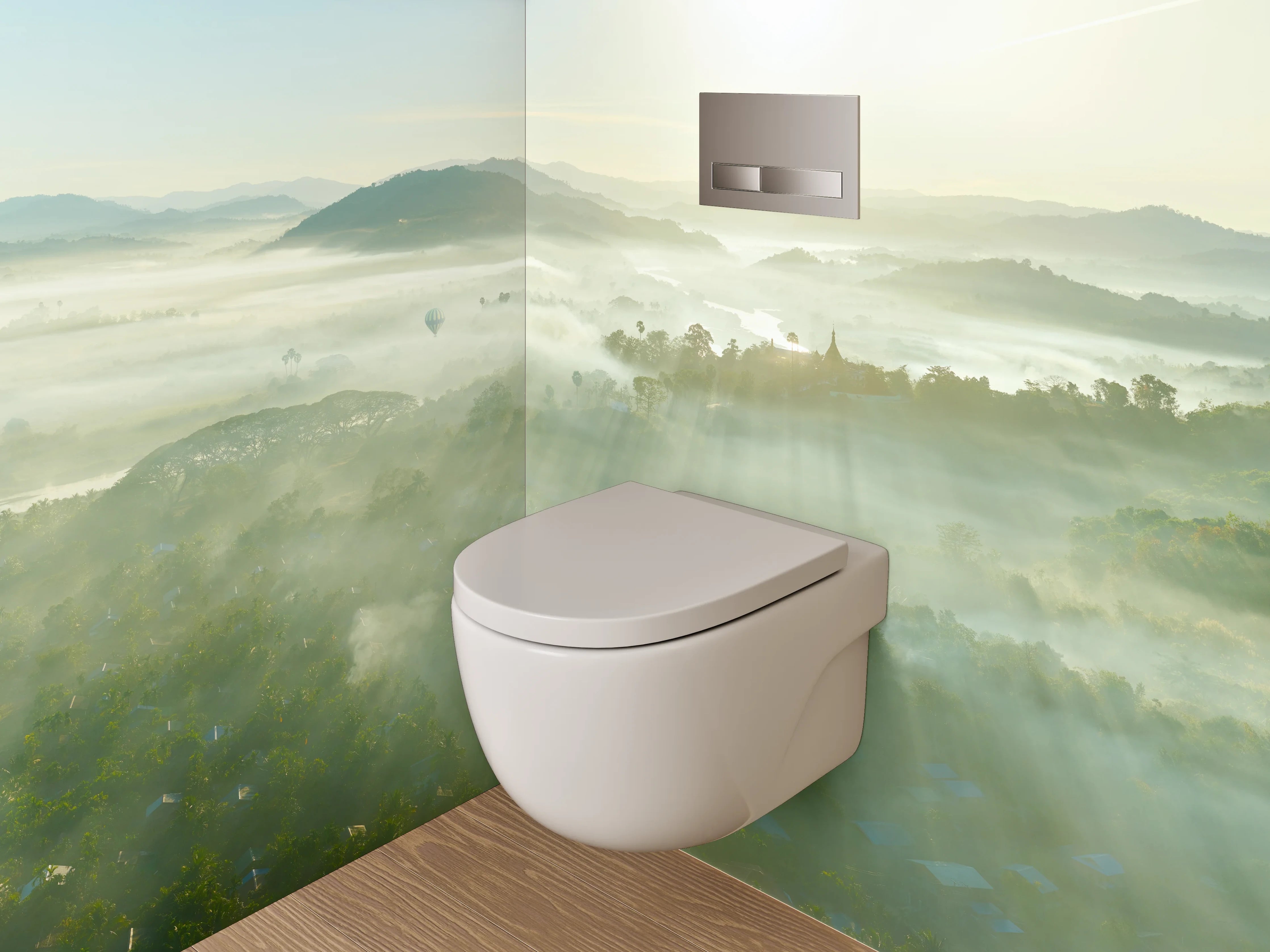 WC-Rückwand - Morgendliche Nebellandschaft mit Sonnenaufgang