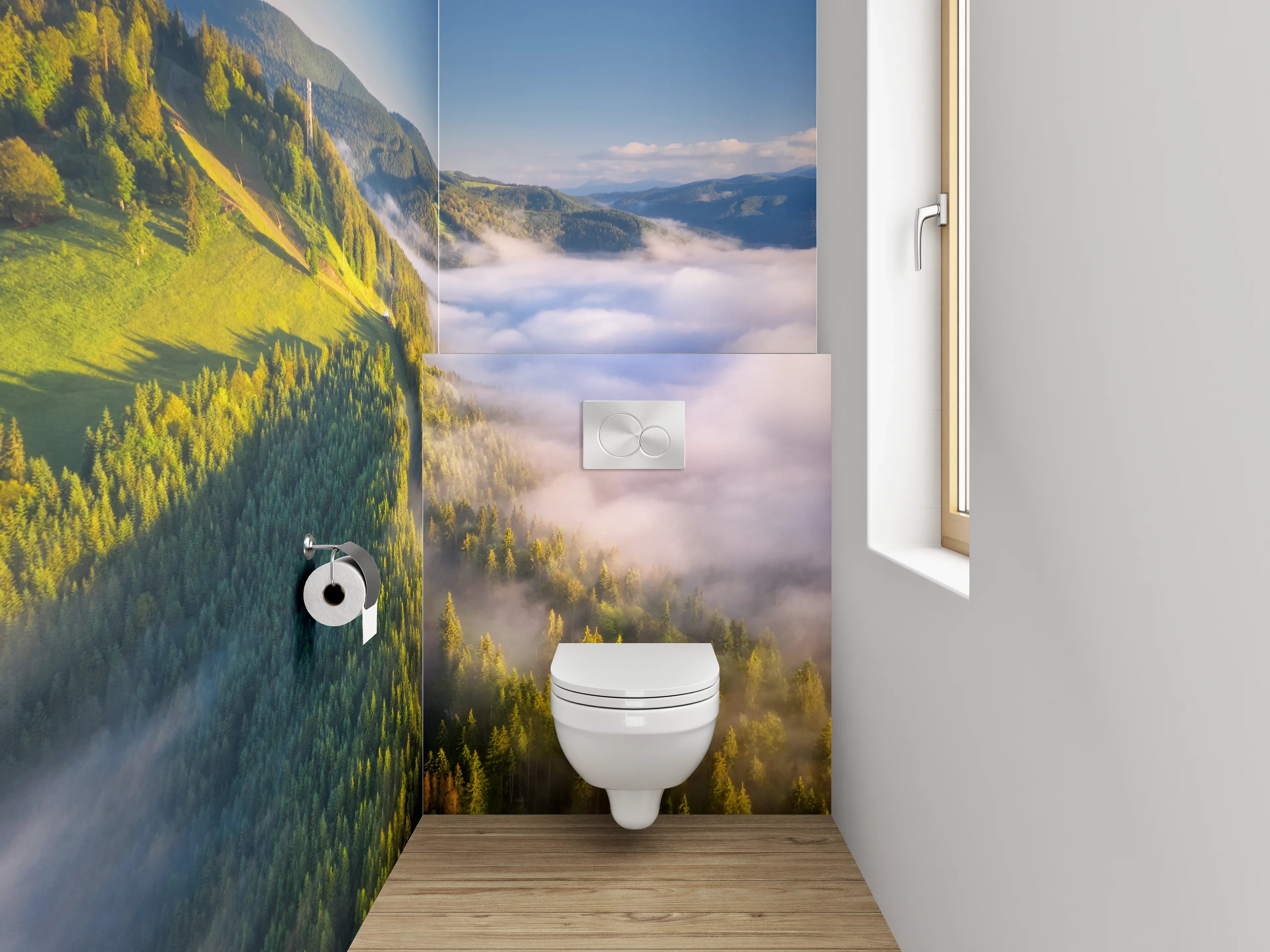WC-Rückwand - Morgennebel über grünen Bergen