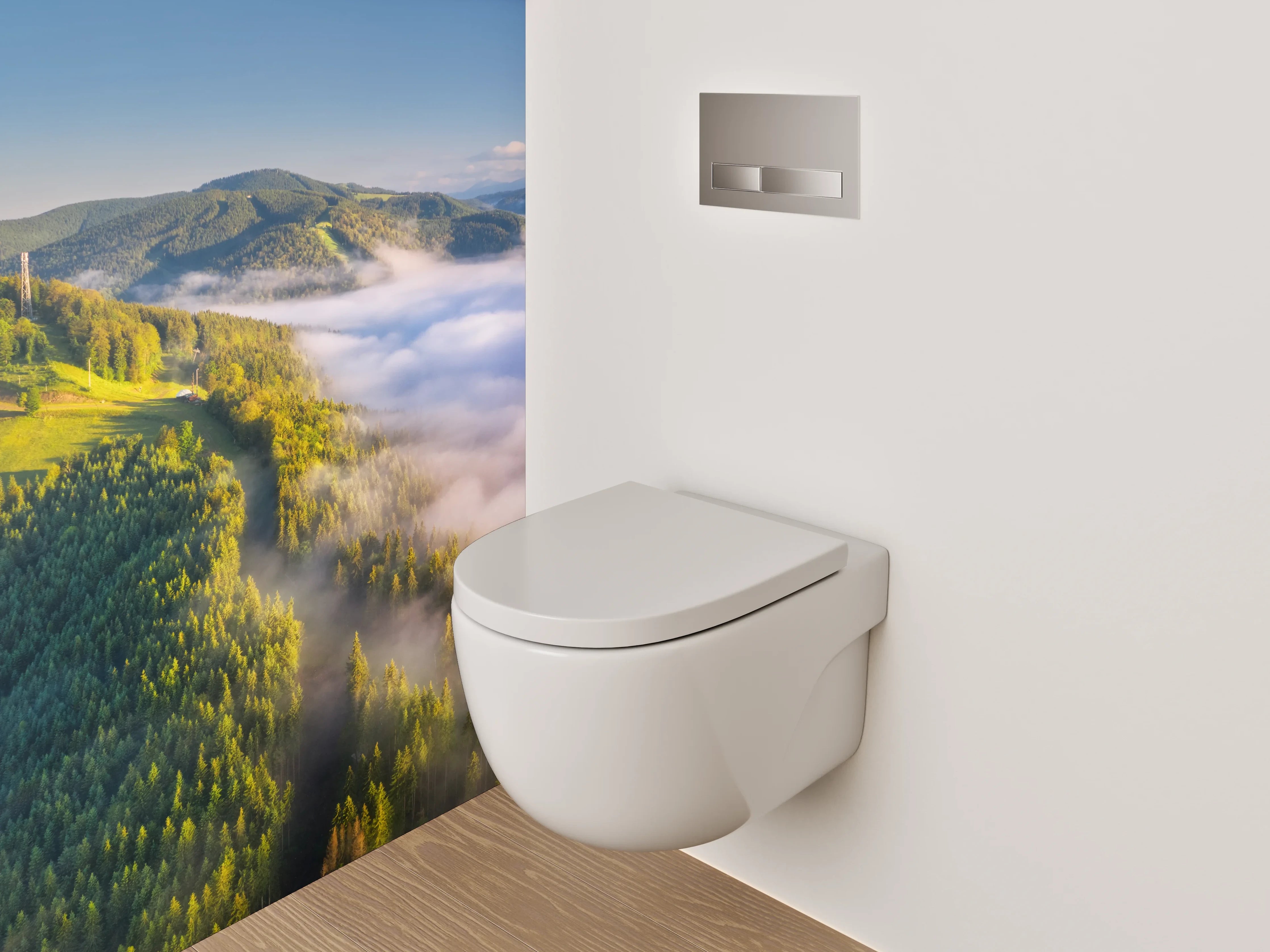 WC-Rückwand - Morgennebel über grünen Bergen