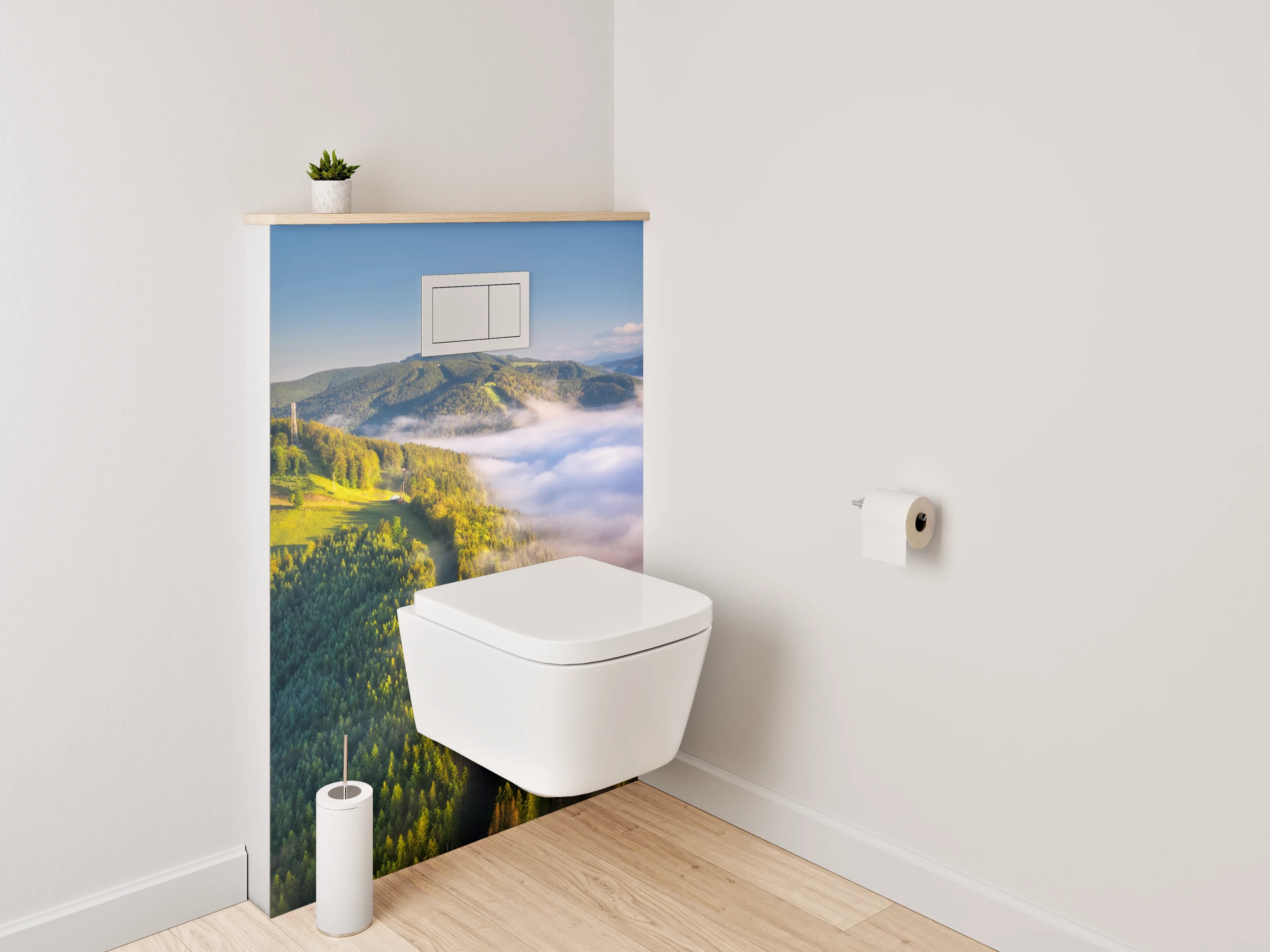 WC-Rückwand - Morgennebel über grünen Bergen