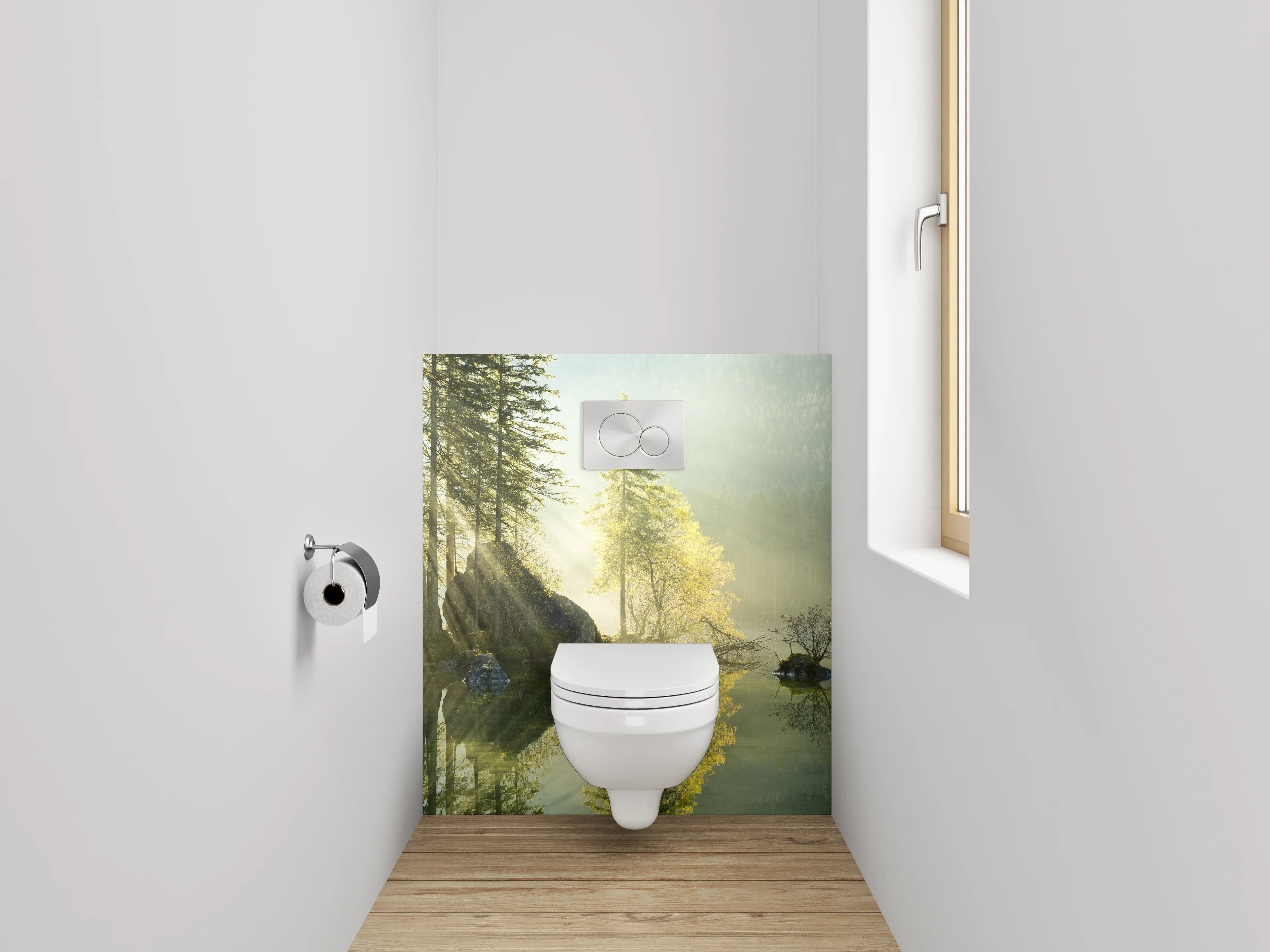 WC-Rückwand - Morgensonne am Waldsee