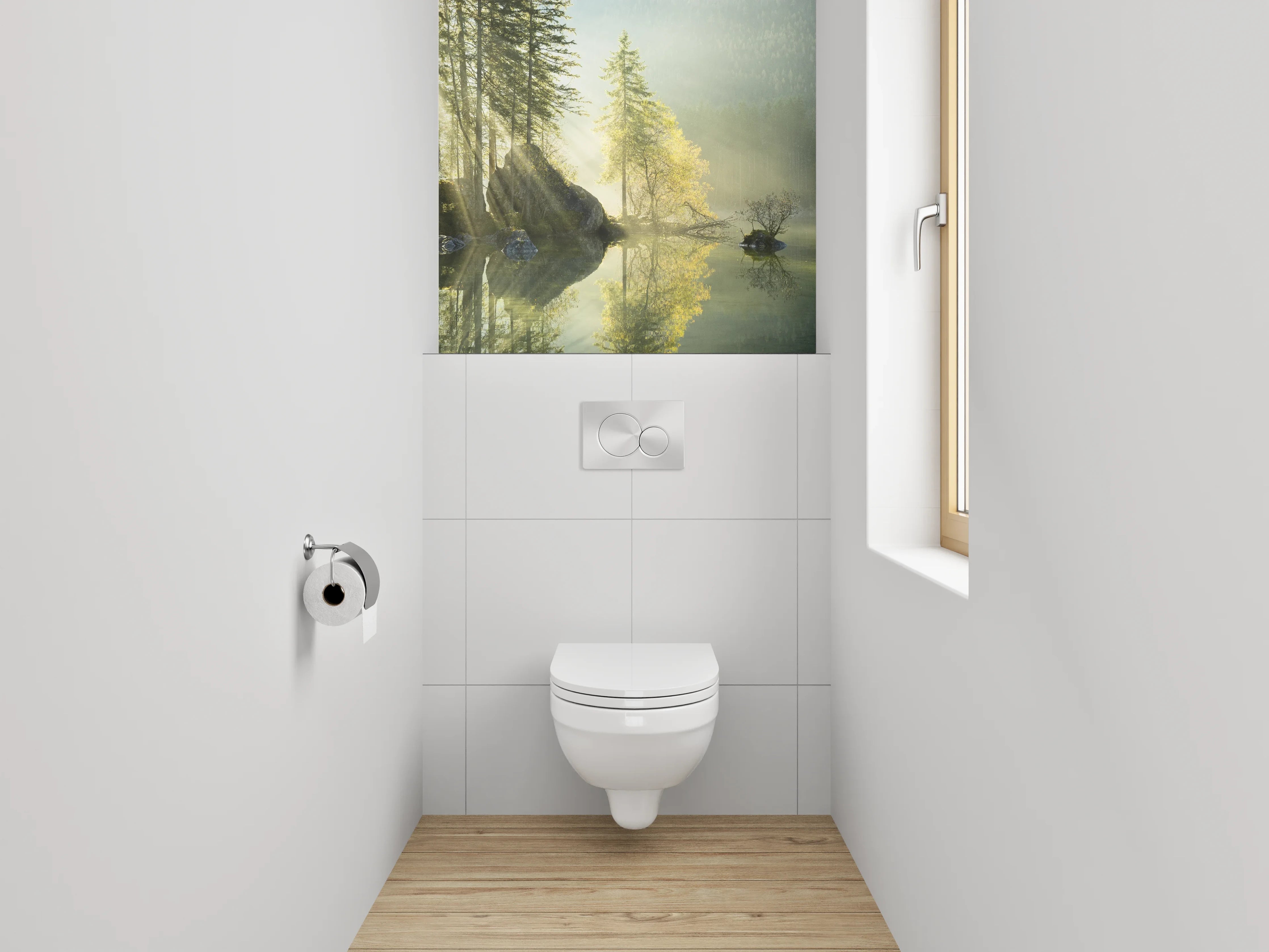 WC-Rückwand - Morgensonne am Waldsee