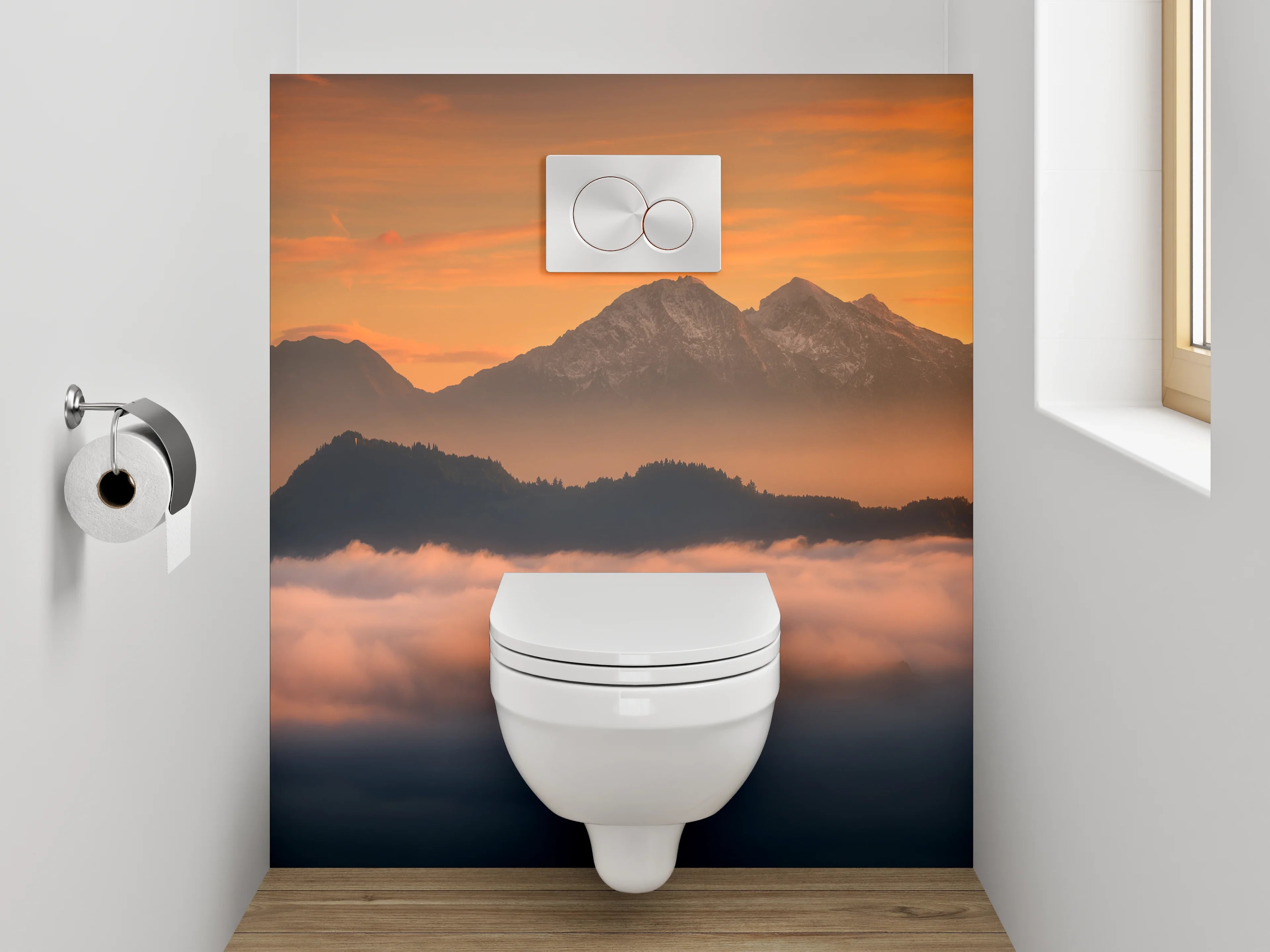 WC-Rückwand - Morgenstimmung Alpen Berge Nebel
