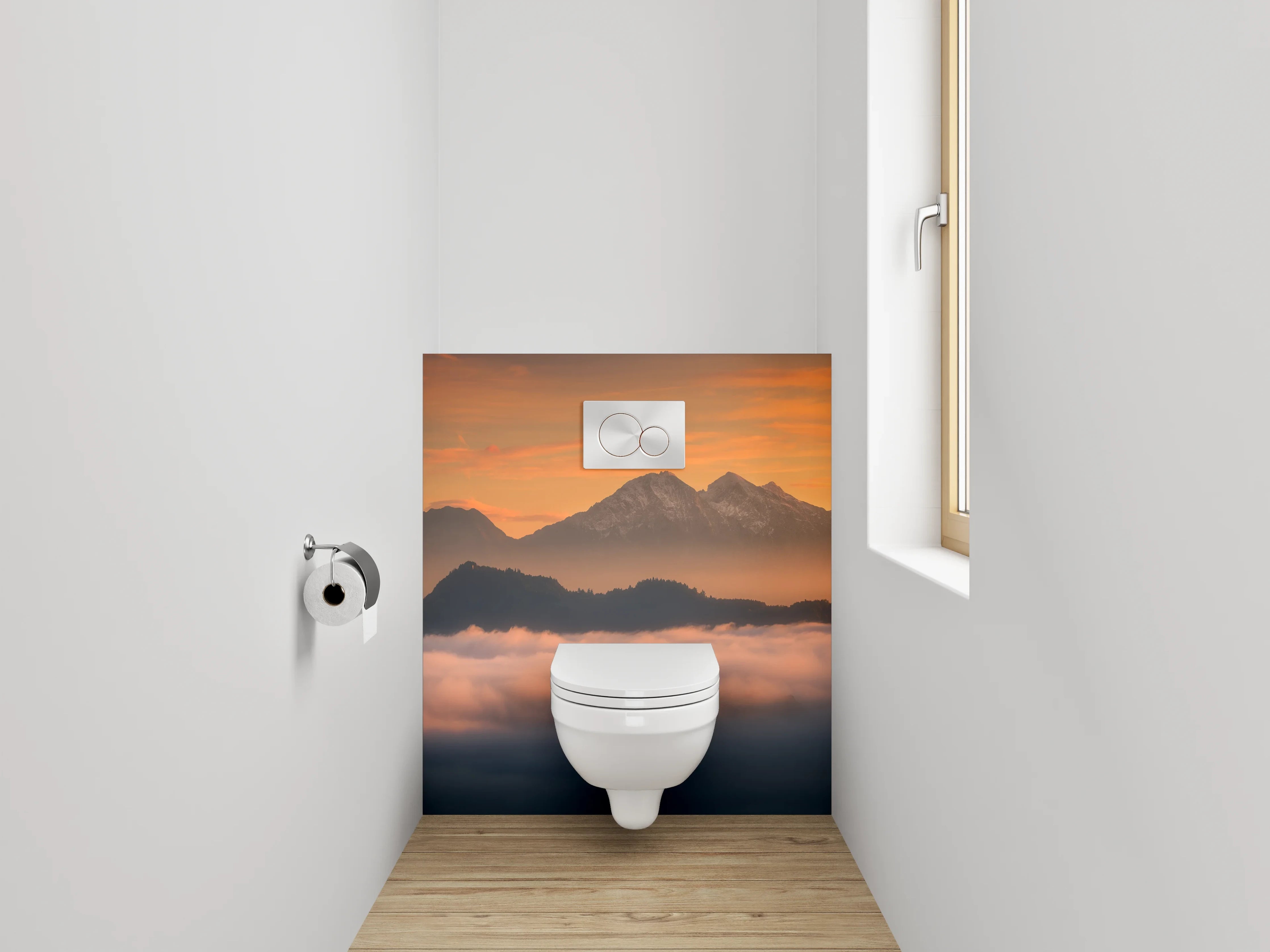 WC-Rückwand - Morgenstimmung Alpen Berge Nebel