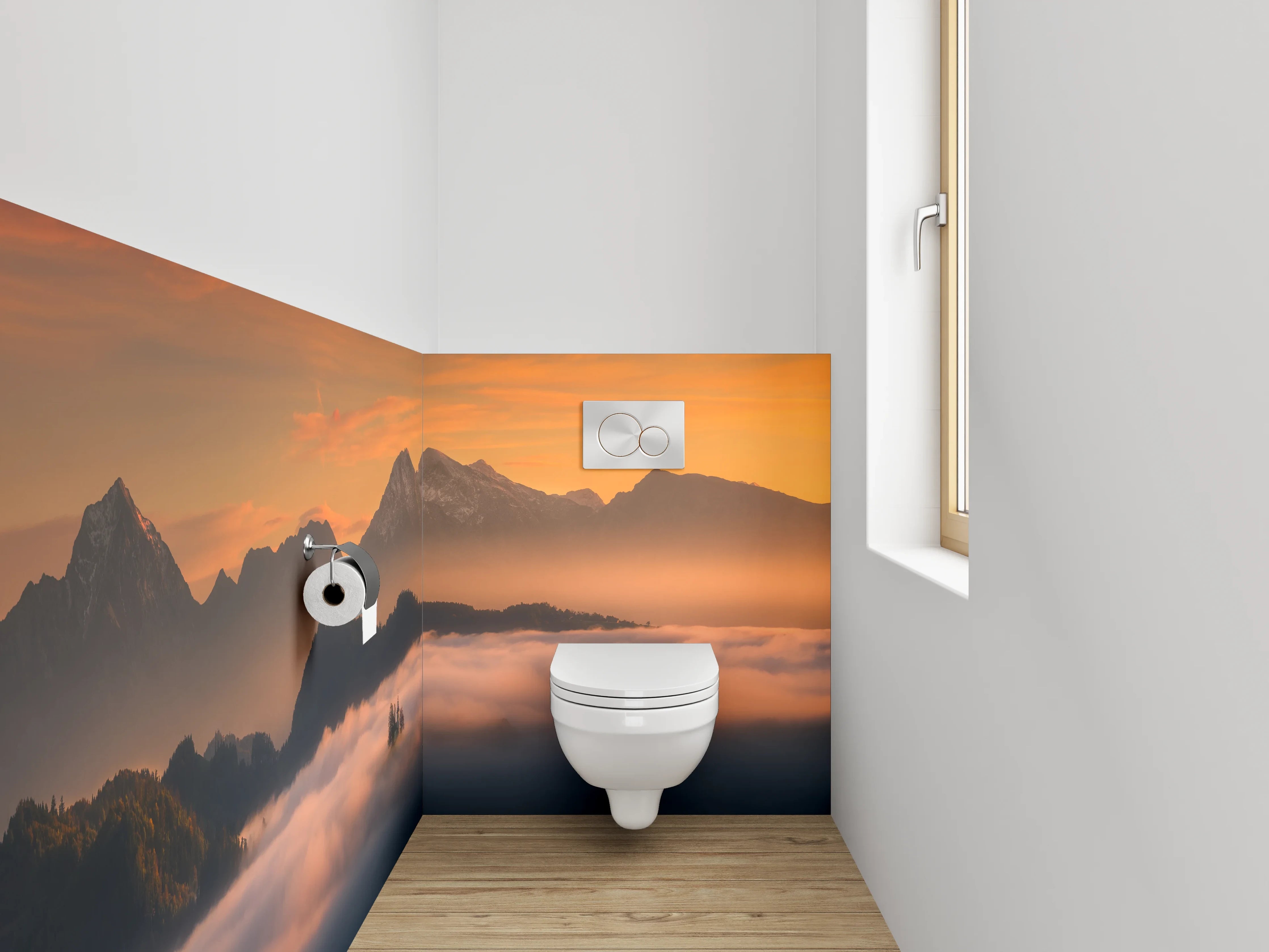 WC-Rückwand - Morgenstimmung Alpen Berge Nebel