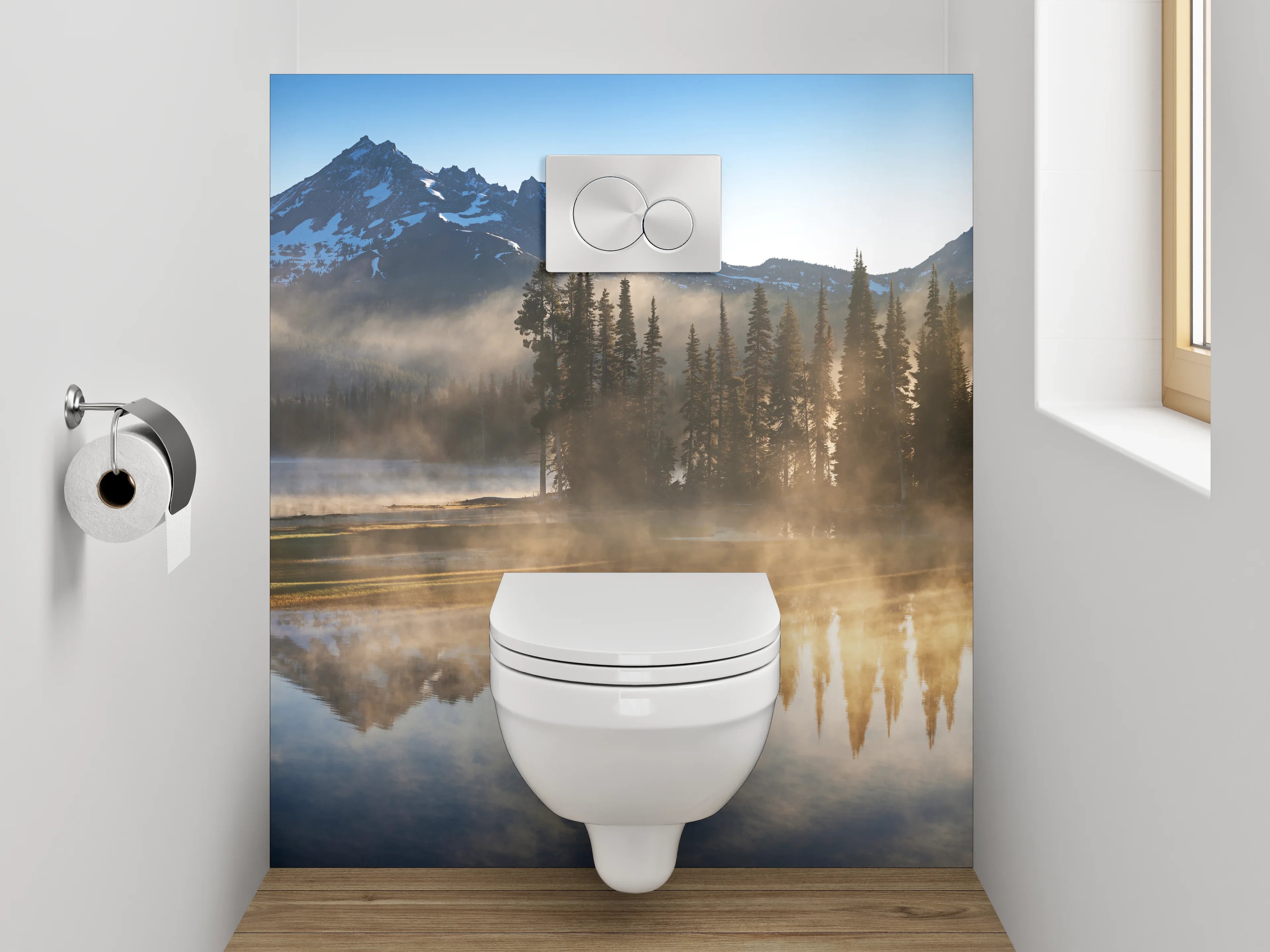 WC-Rückwand - Morgenstimmung am See mit Bergen