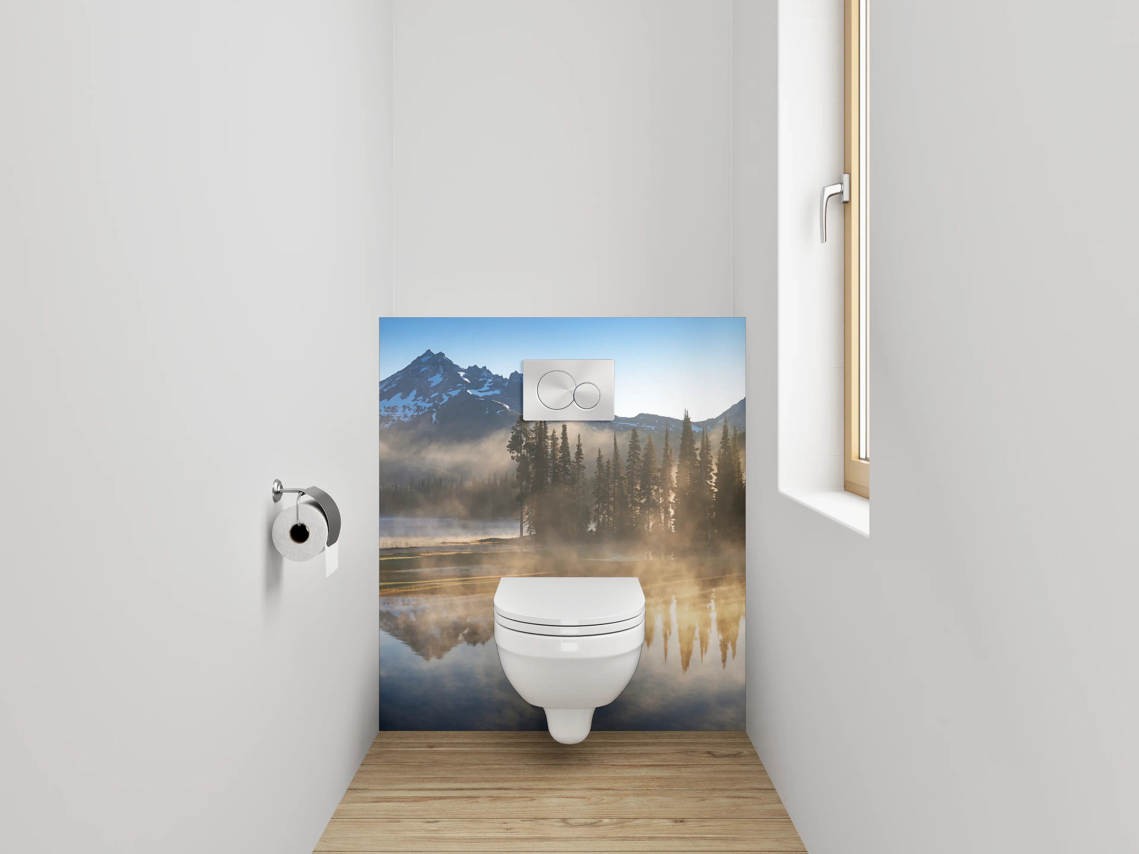 WC-Rückwand - Morgenstimmung am See mit Bergen