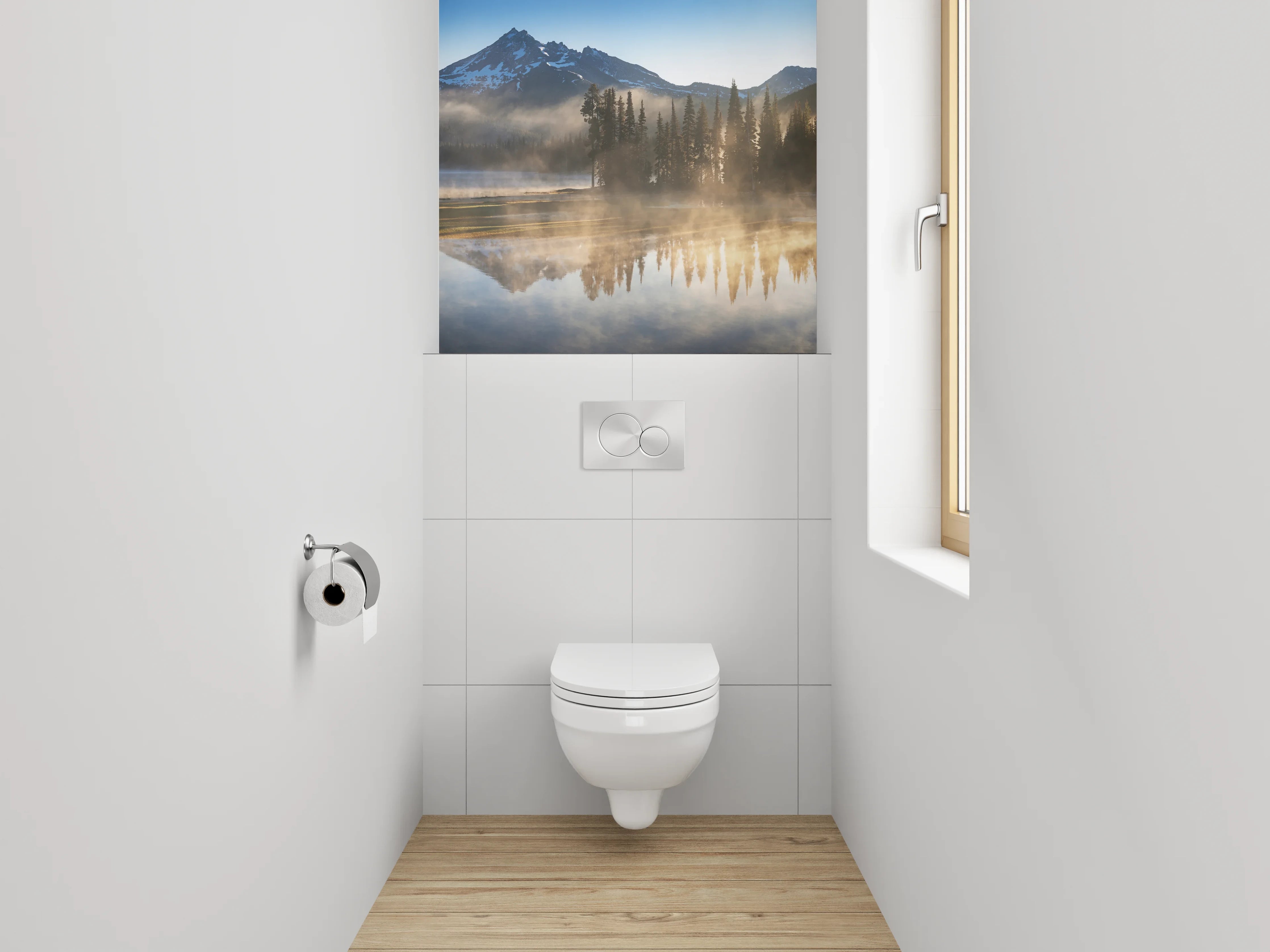 WC-Rückwand - Morgenstimmung am See mit Bergen