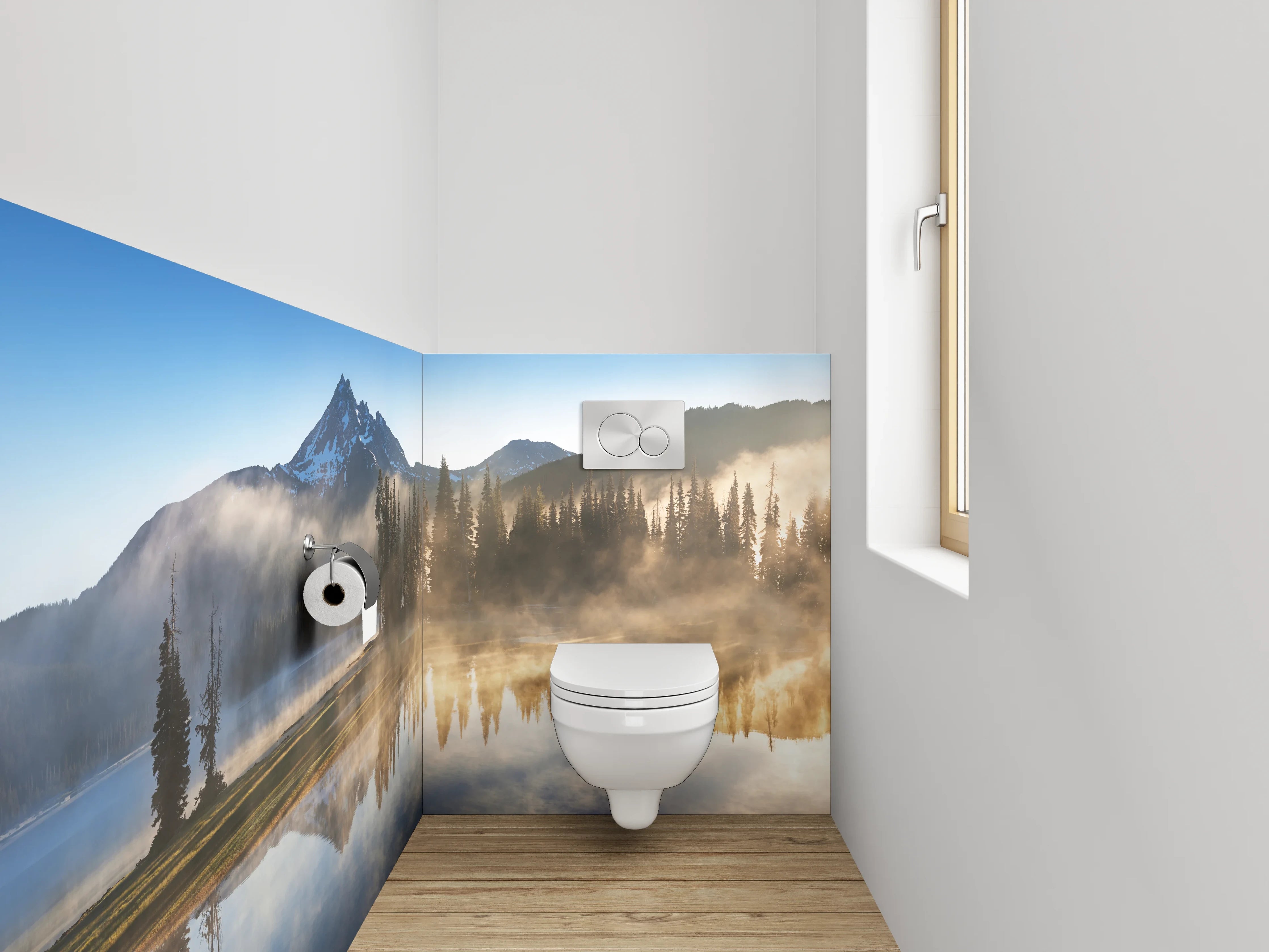 WC-Rückwand - Morgenstimmung am See mit Bergen