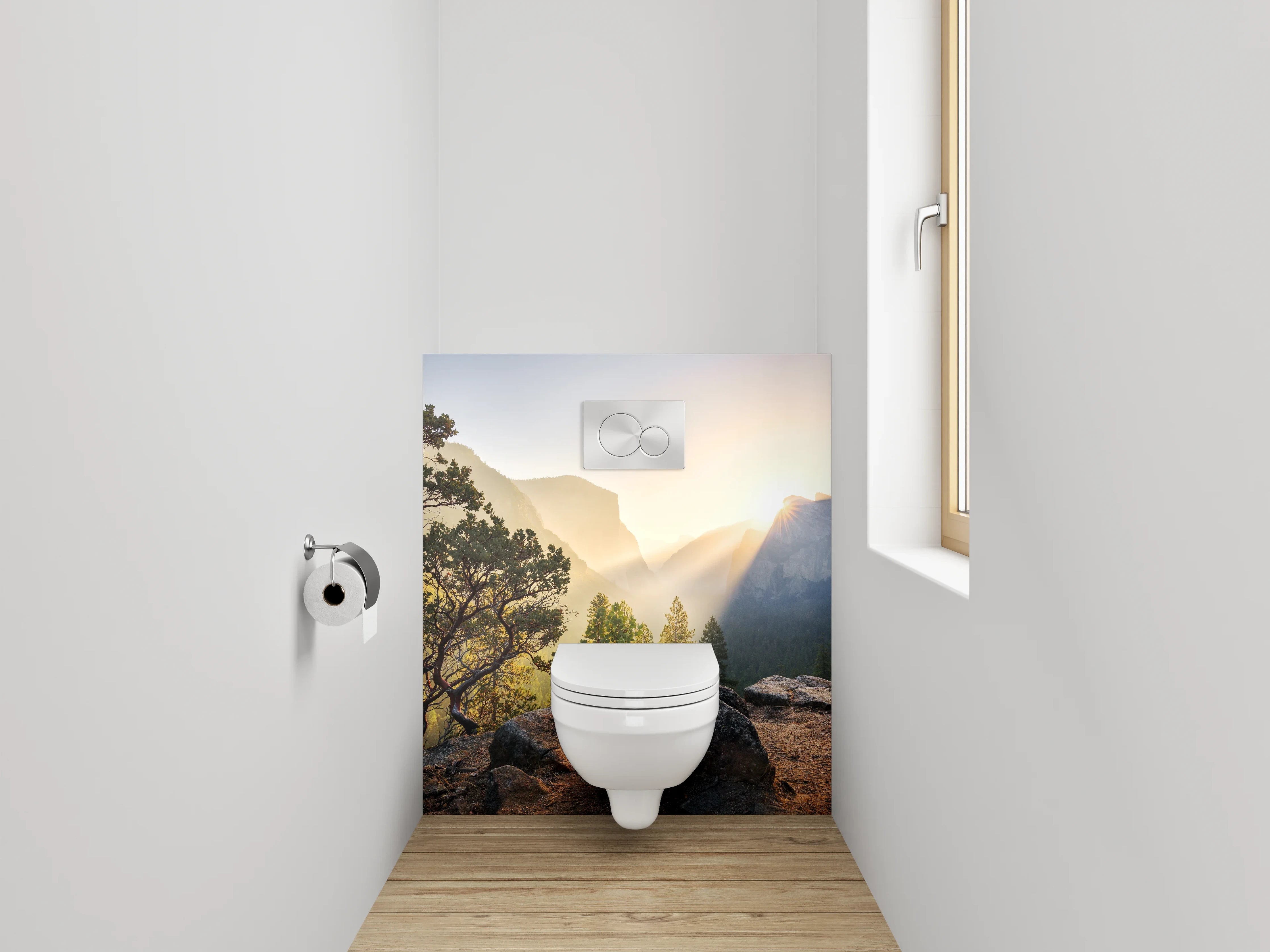 WC-Rückwand - Morgenstimmung in den Bergen mit Sonnenstrahlen