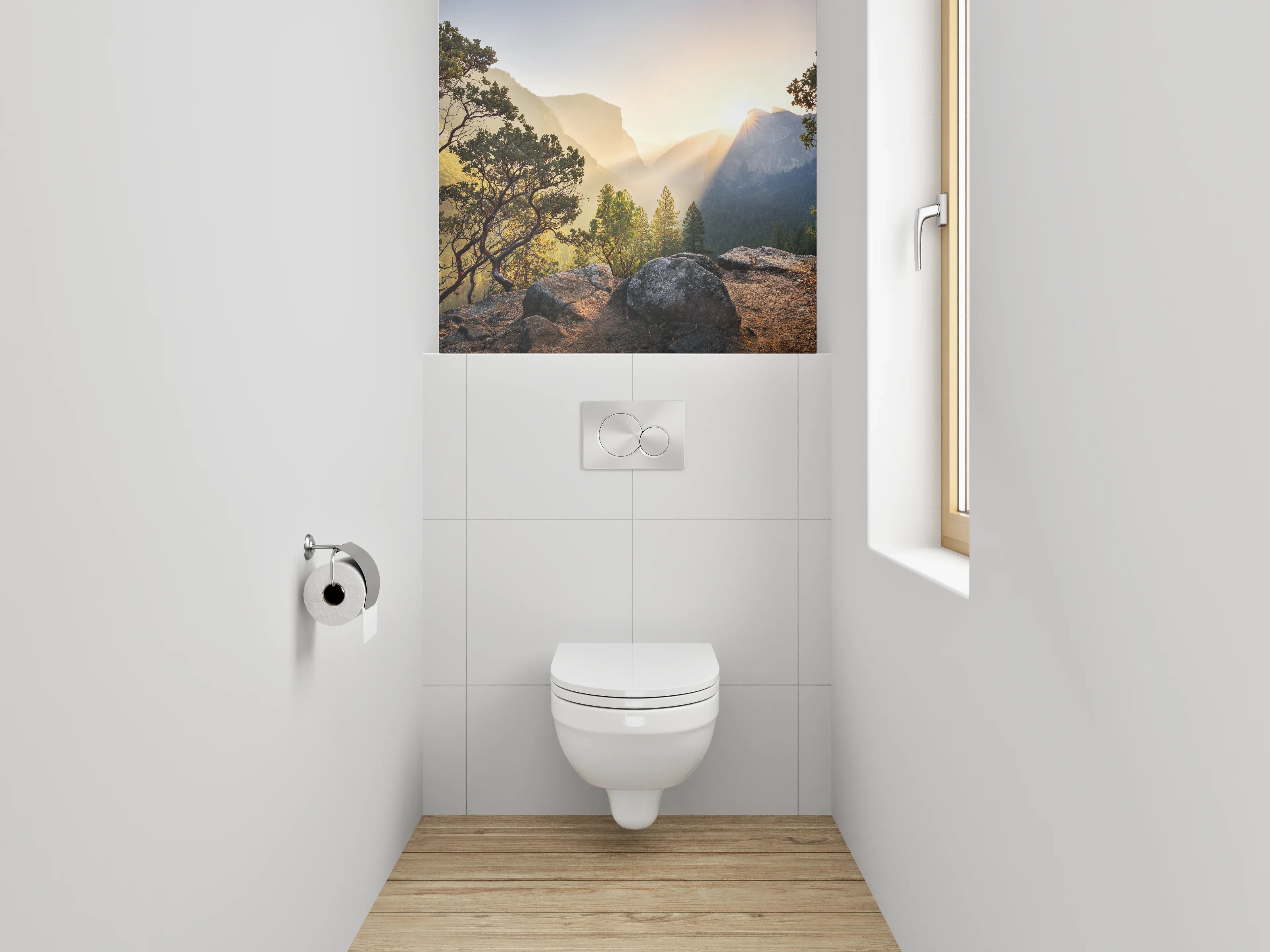 WC-Rückwand - Morgenstimmung in den Bergen mit Sonnenstrahlen