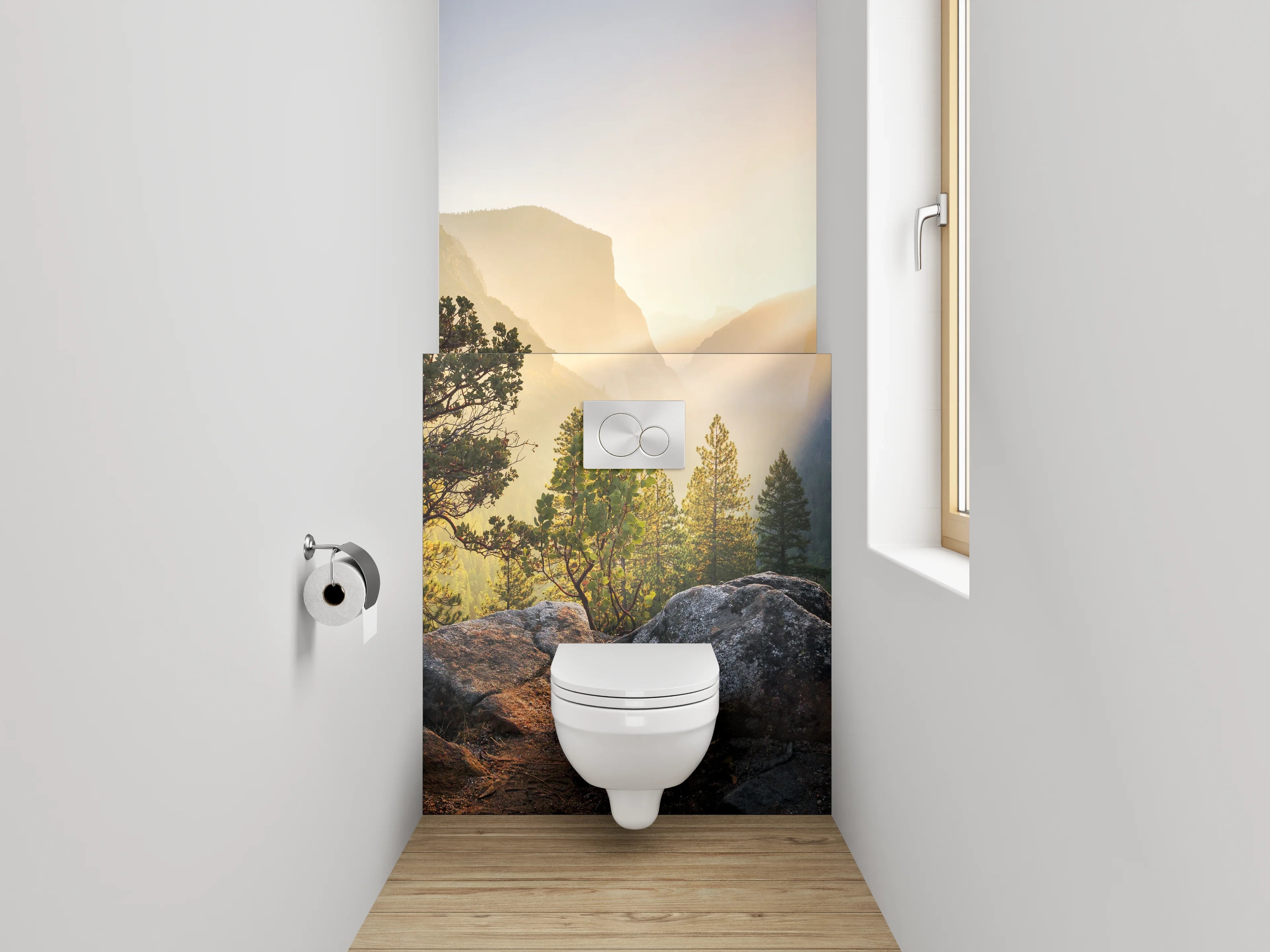 WC-Rückwand - Morgenstimmung in den Bergen mit Sonnenstrahlen