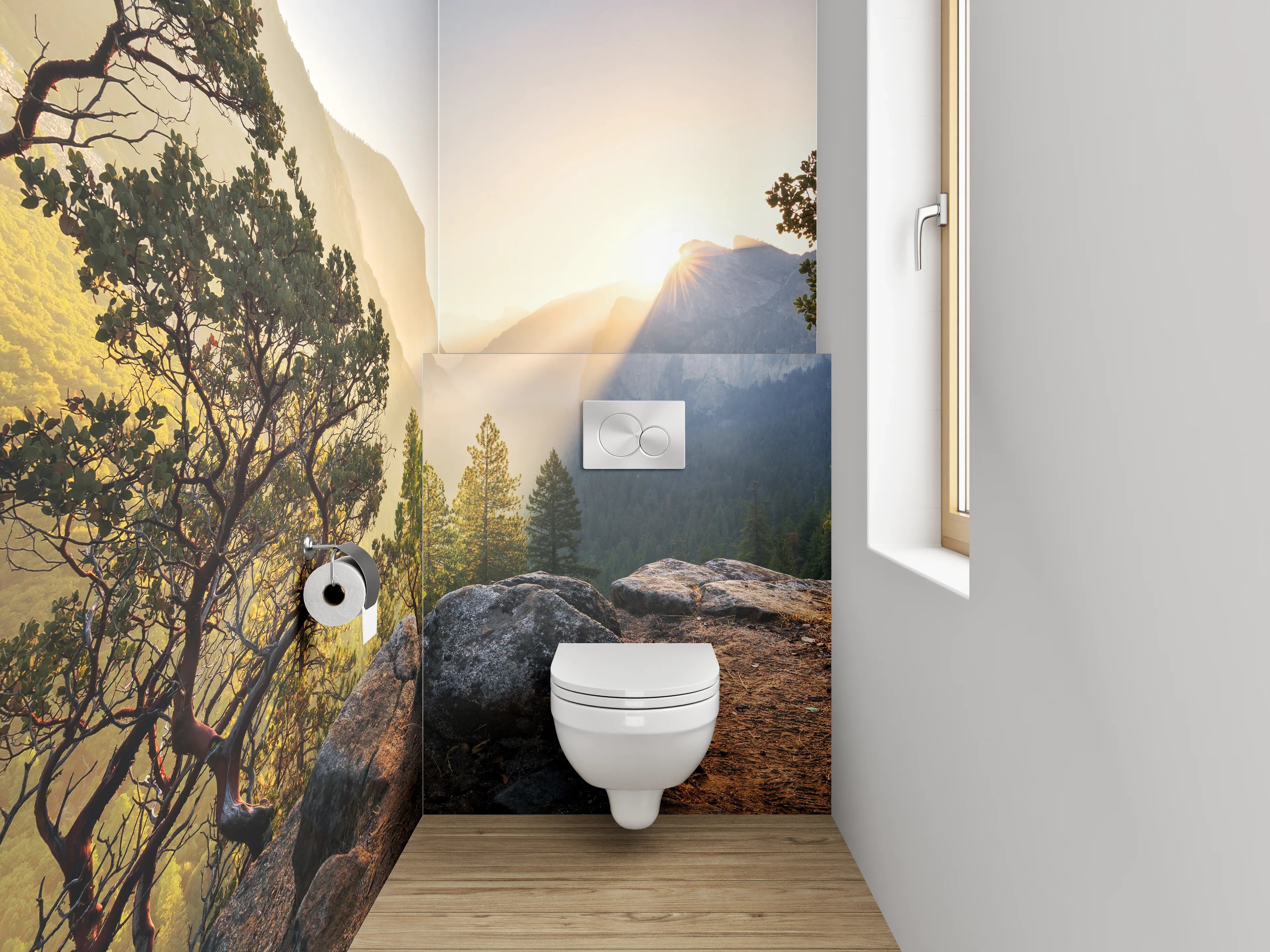 WC-Rückwand - Morgenstimmung in den Bergen mit Sonnenstrahlen