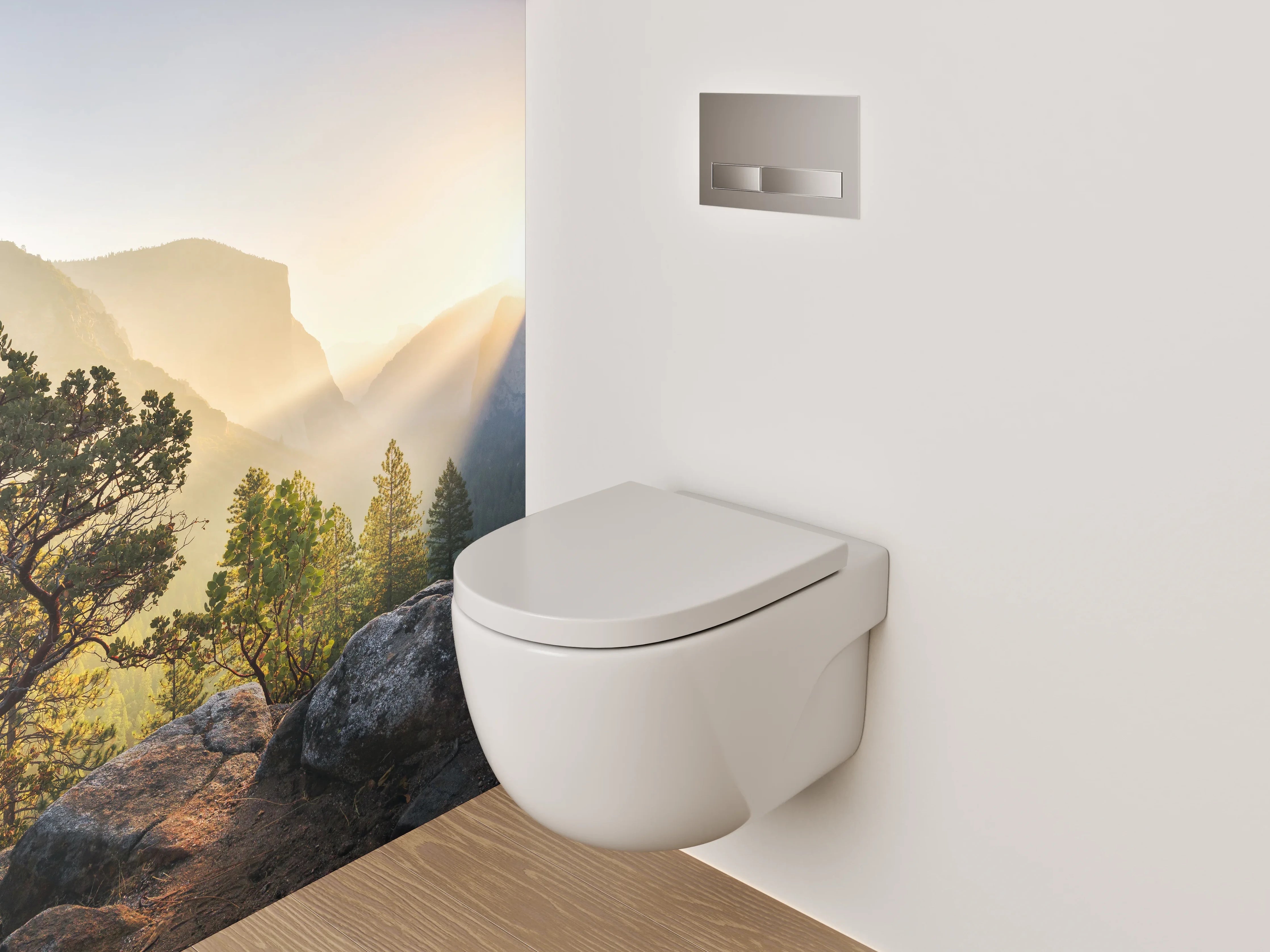 WC-Rückwand - Morgenstimmung in den Bergen mit Sonnenstrahlen