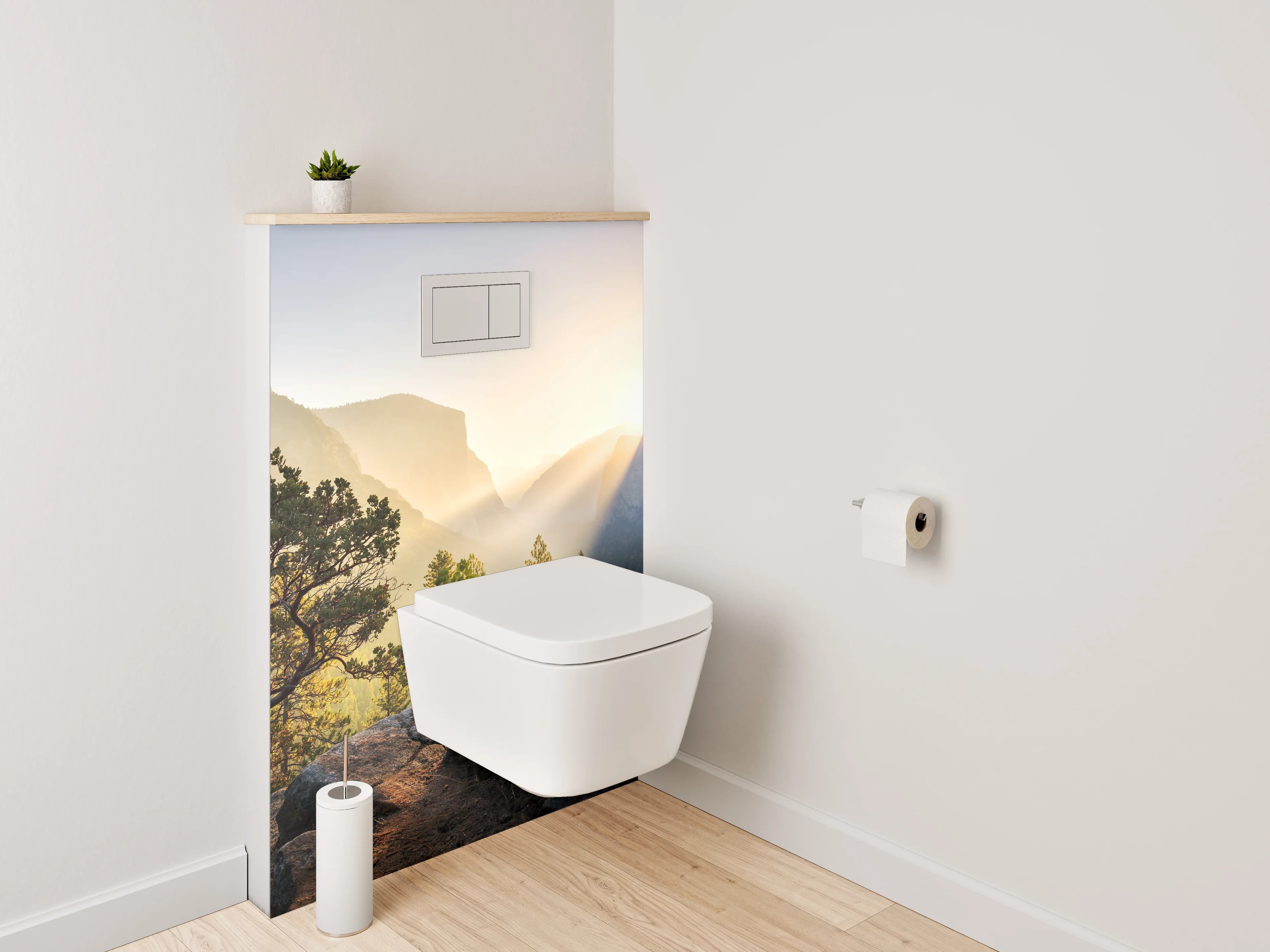 WC-Rückwand - Morgenstimmung in den Bergen mit Sonnenstrahlen