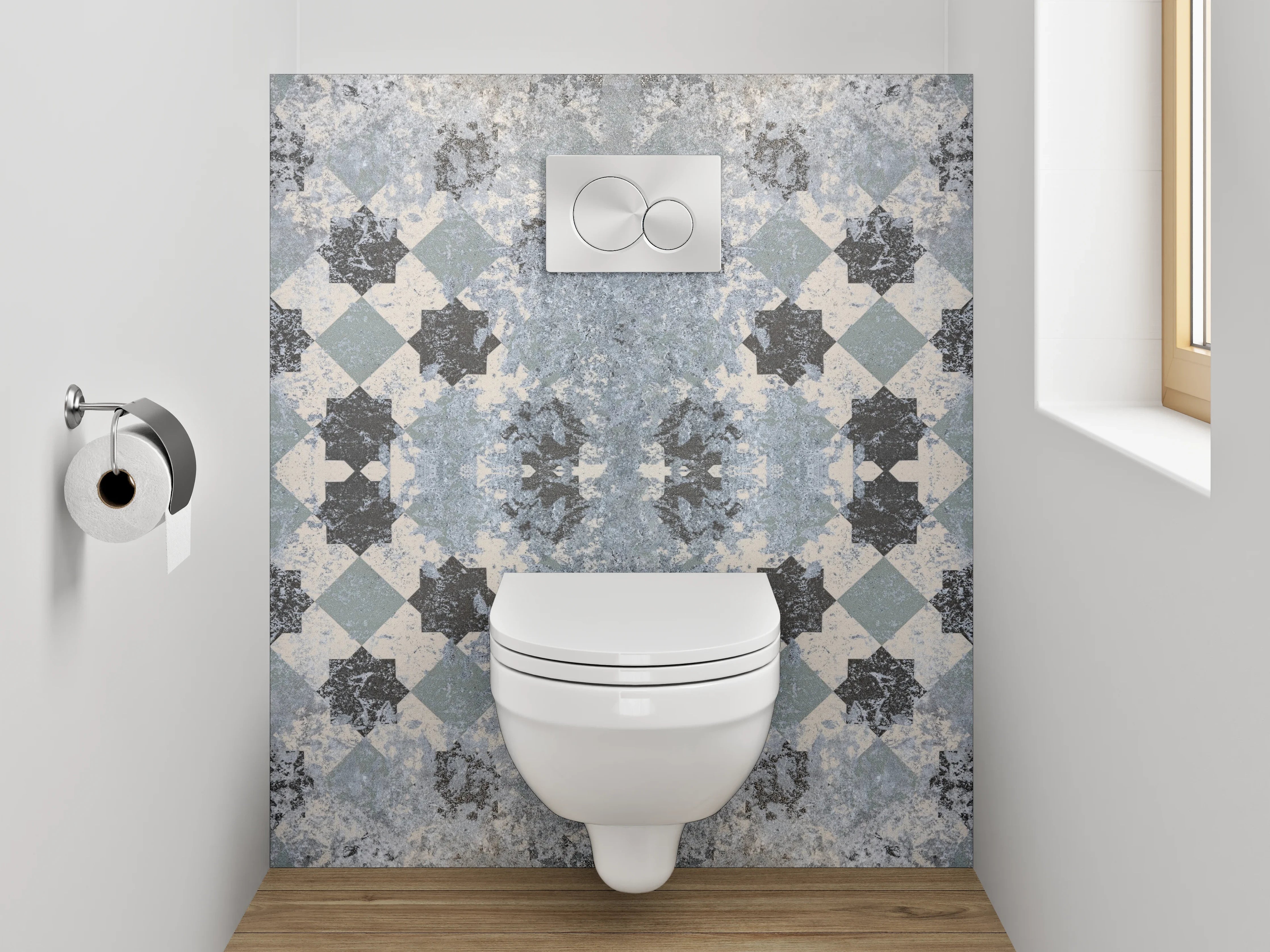 WC-Rückwand - Mosaik Fliesenmuster in Grau und Weiß