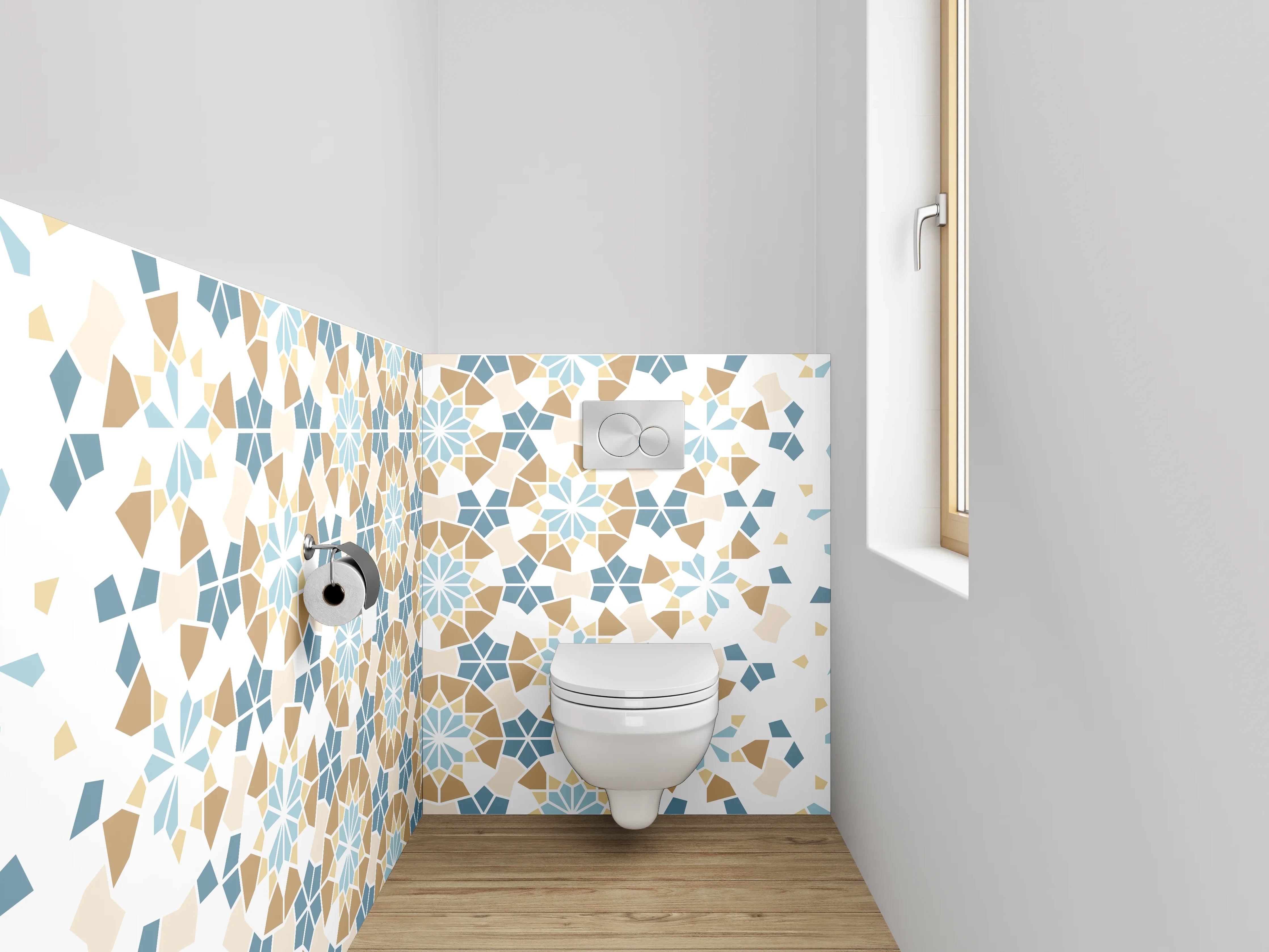 WC-Rückwand - Mosaikdesign Blau-Grau mit Weißakzenten