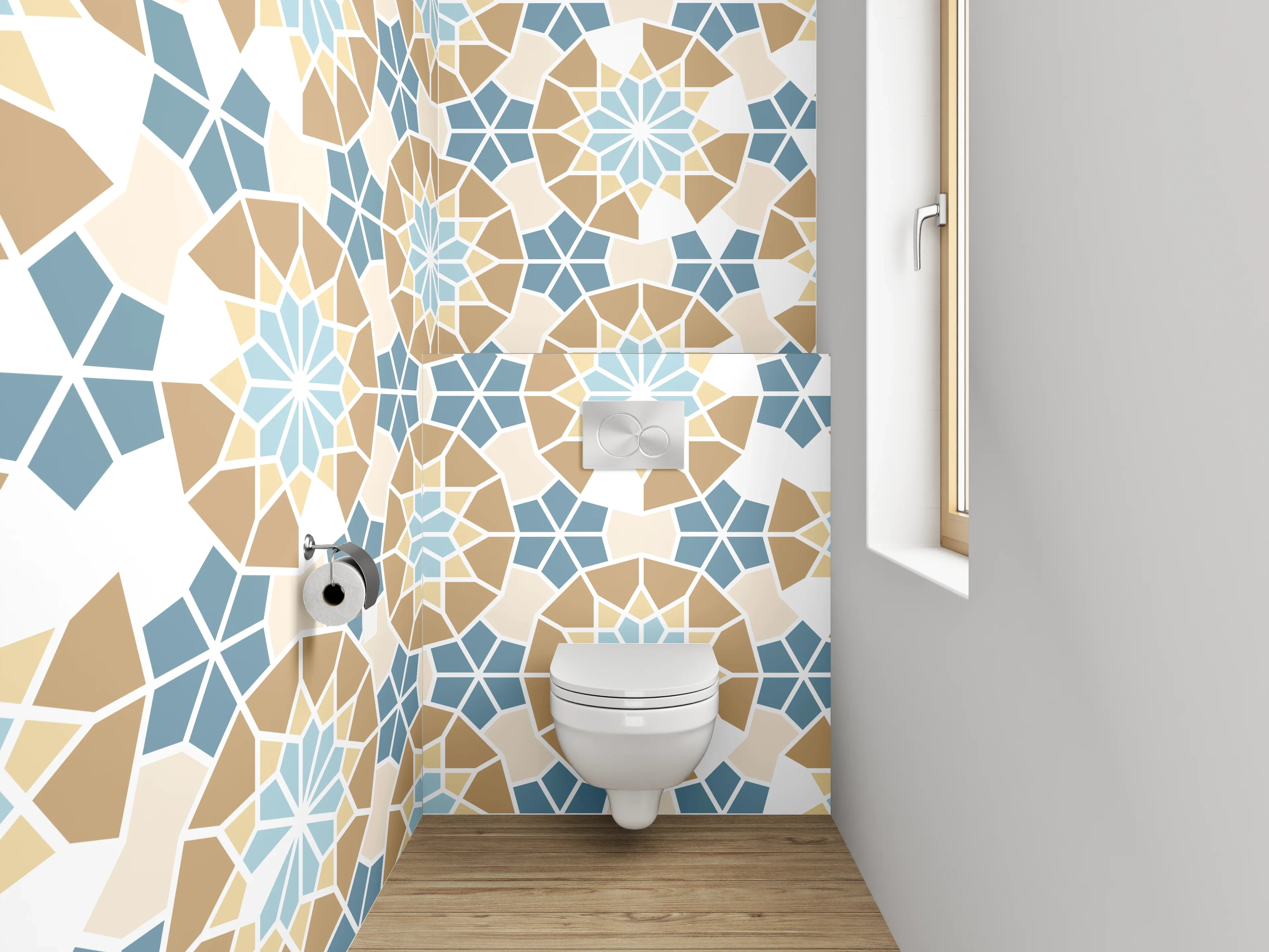 WC-Rückwand - Mosaikdesign Blau-Grau mit Weißakzenten