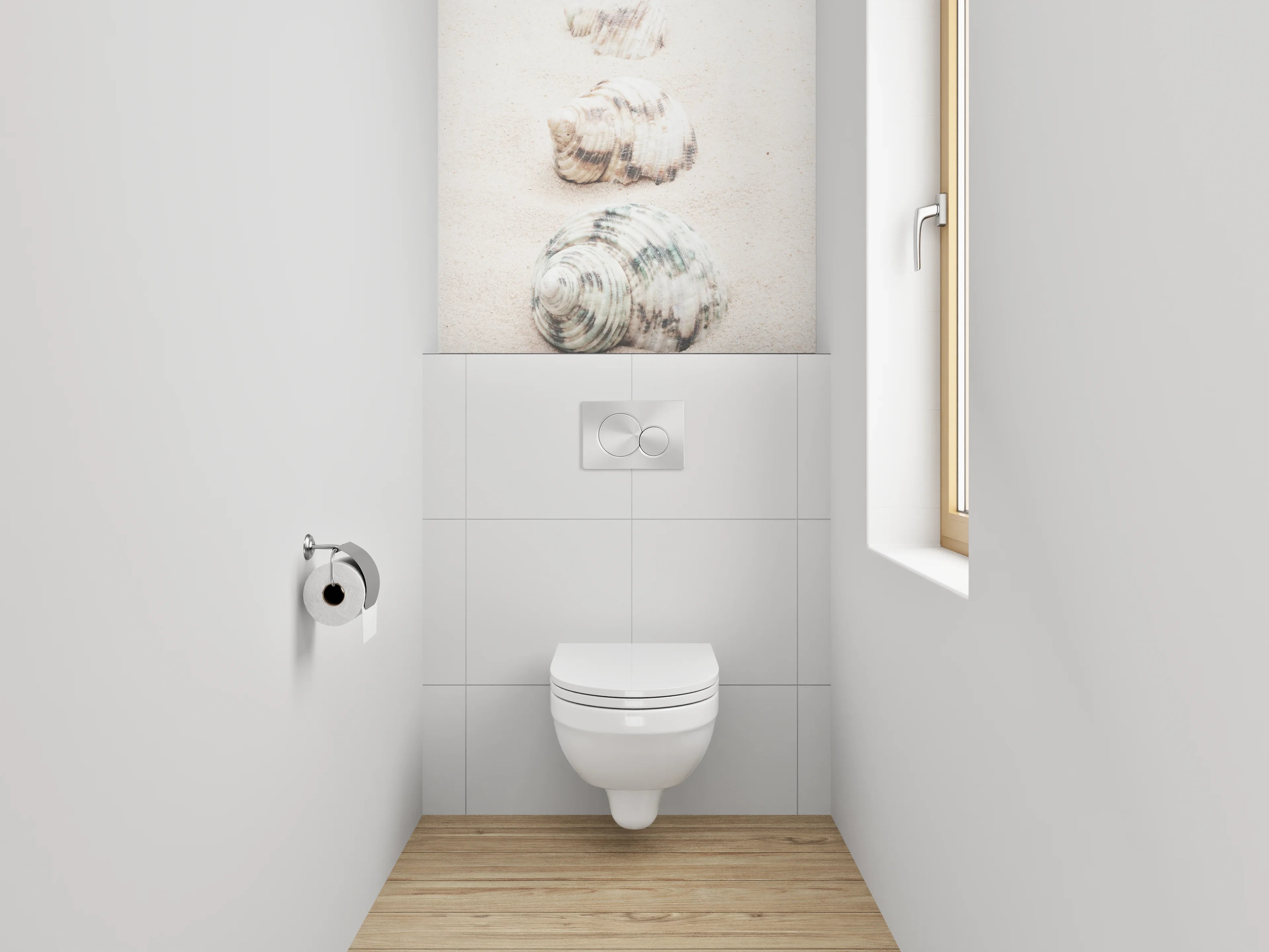 WC-Rückwand - Muschelmuster auf weißem Sand