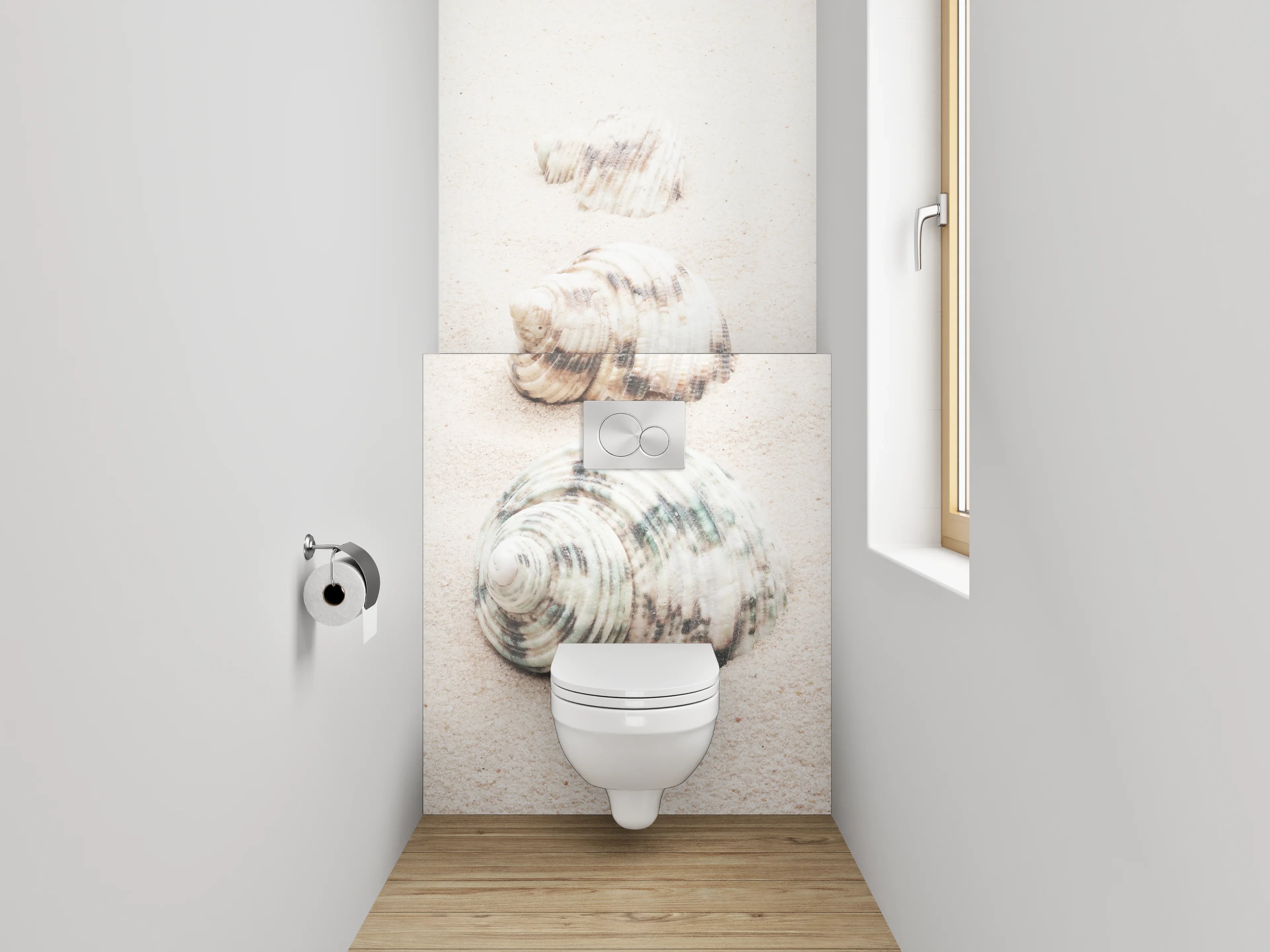 WC-Rückwand - Muschelmuster auf weißem Sand