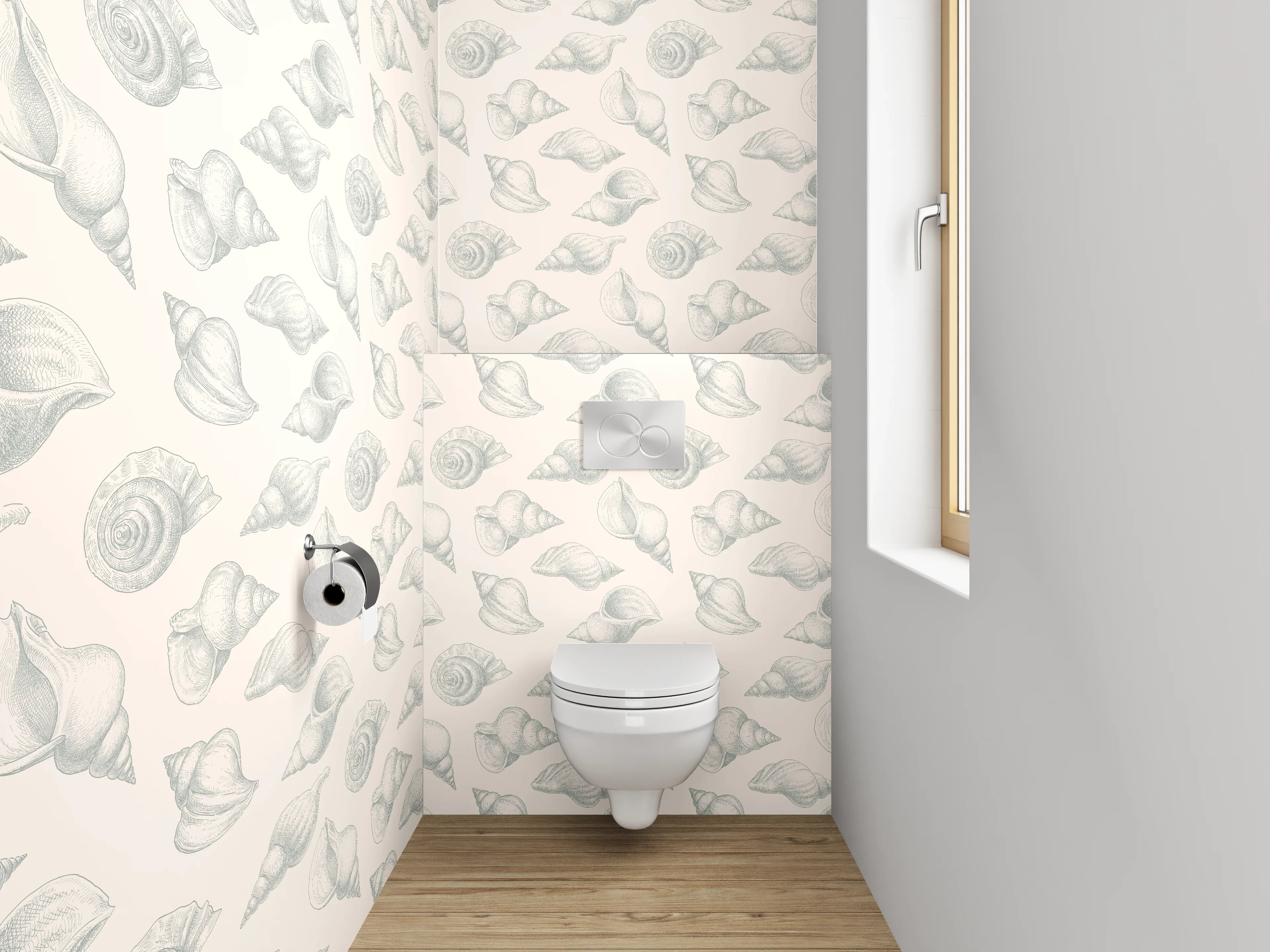 WC-Rückwand - Muscheln Muster in Weiß und Grau