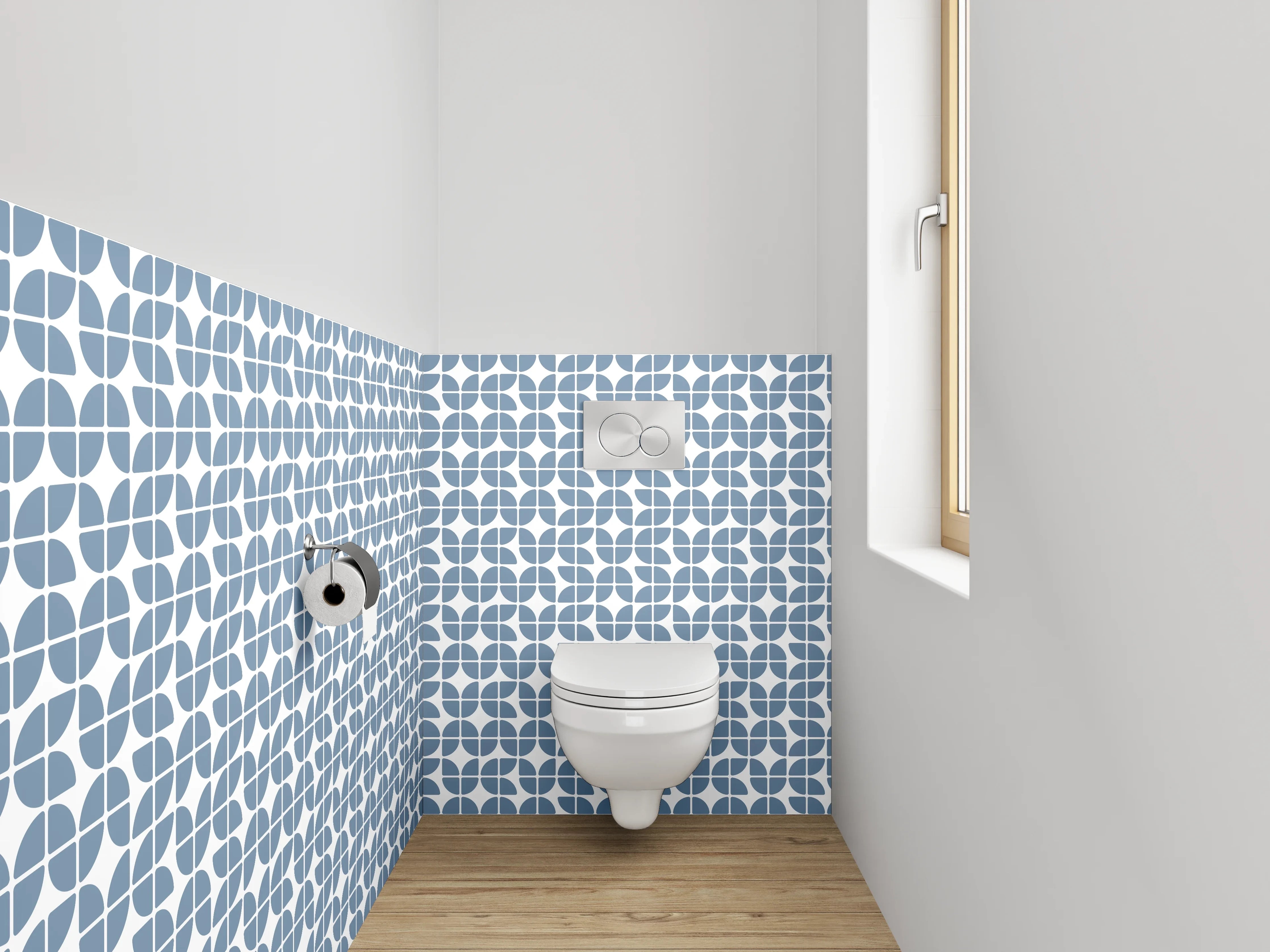 WC-Rückwand - Musterndes Fliesen-Design in Blau und Grau