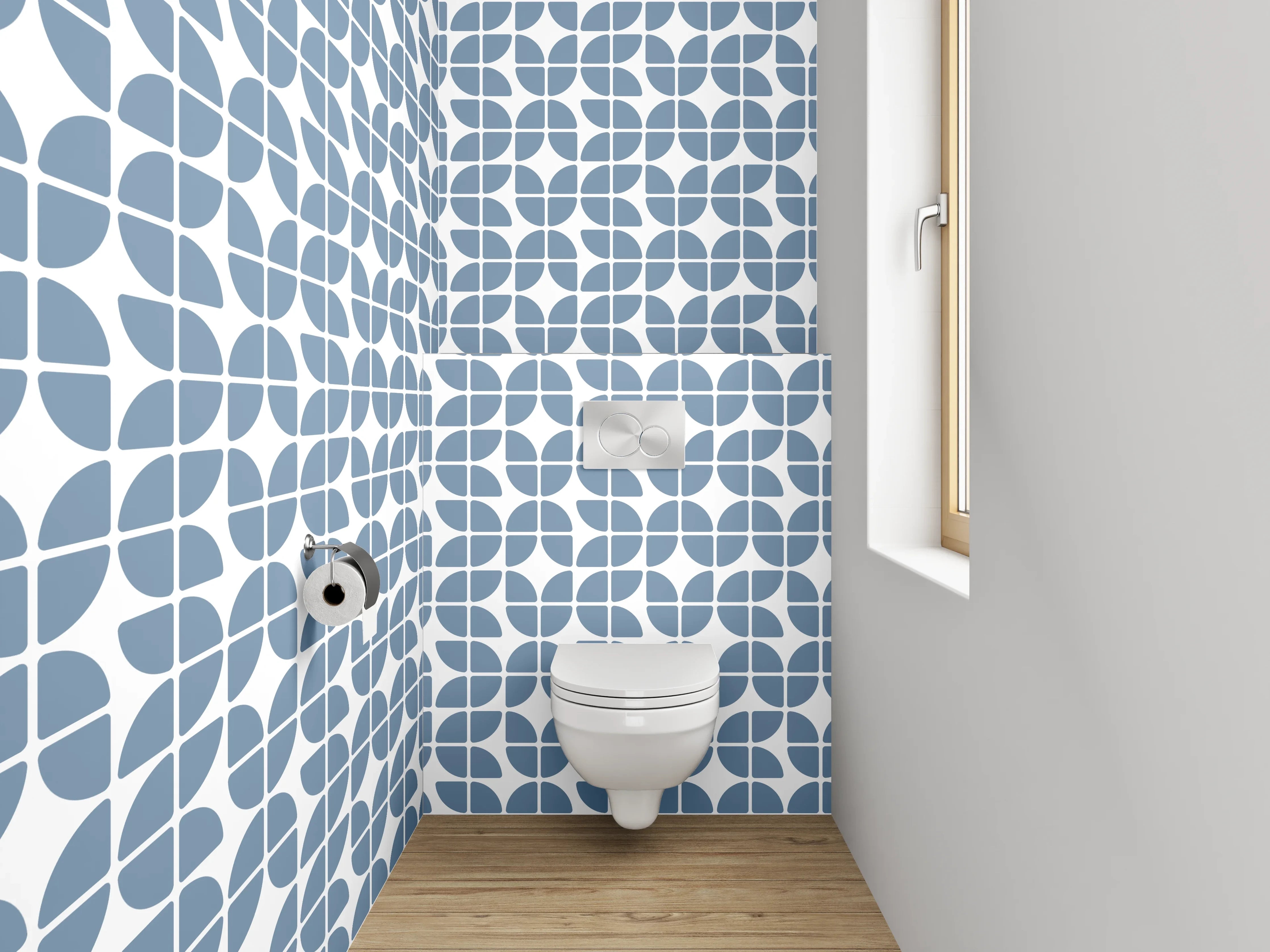 WC-Rückwand - Musterndes Fliesen-Design in Blau und Grau