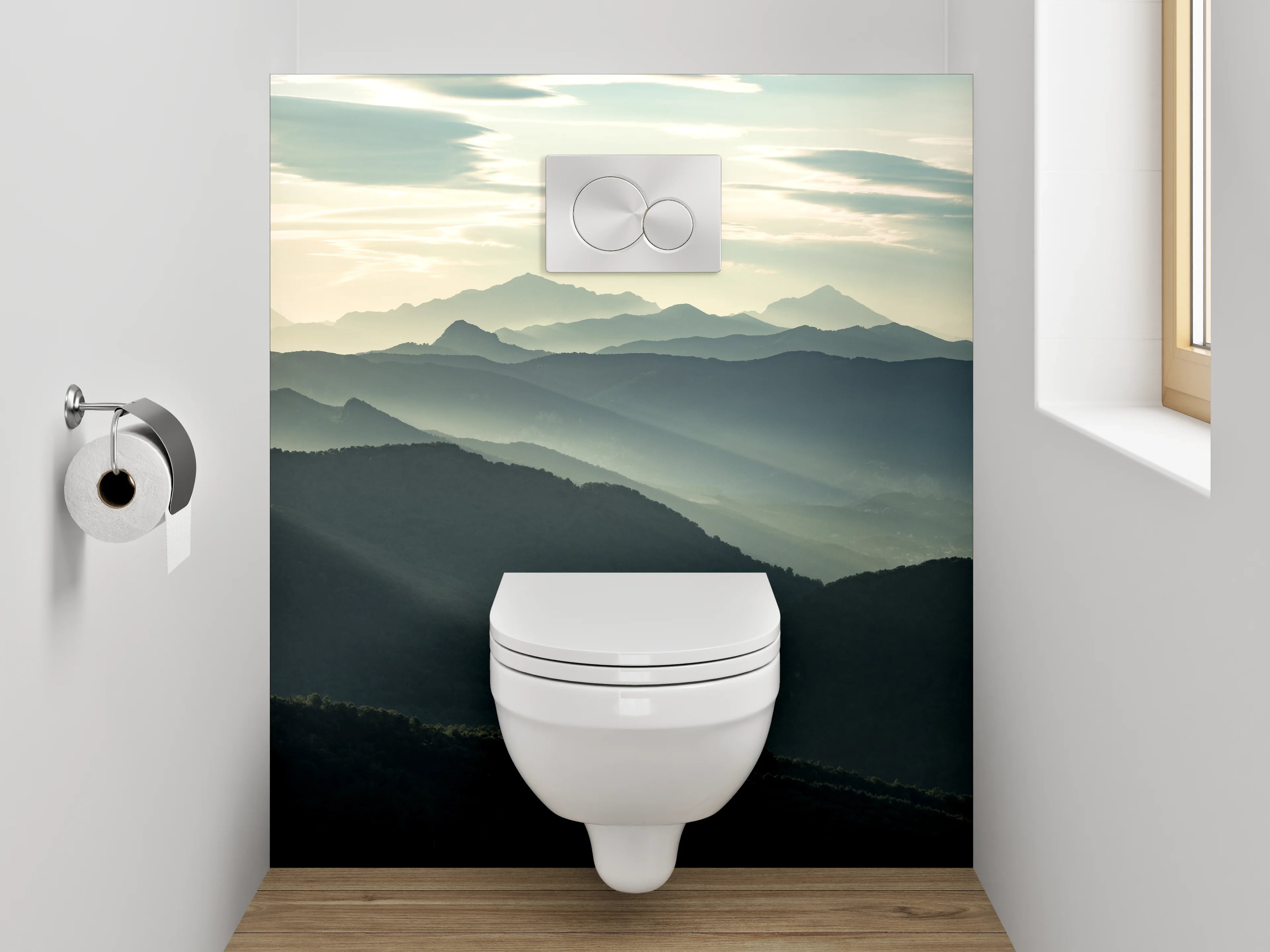 WC-Rückwand - Mystische Berge im Morgengrauen