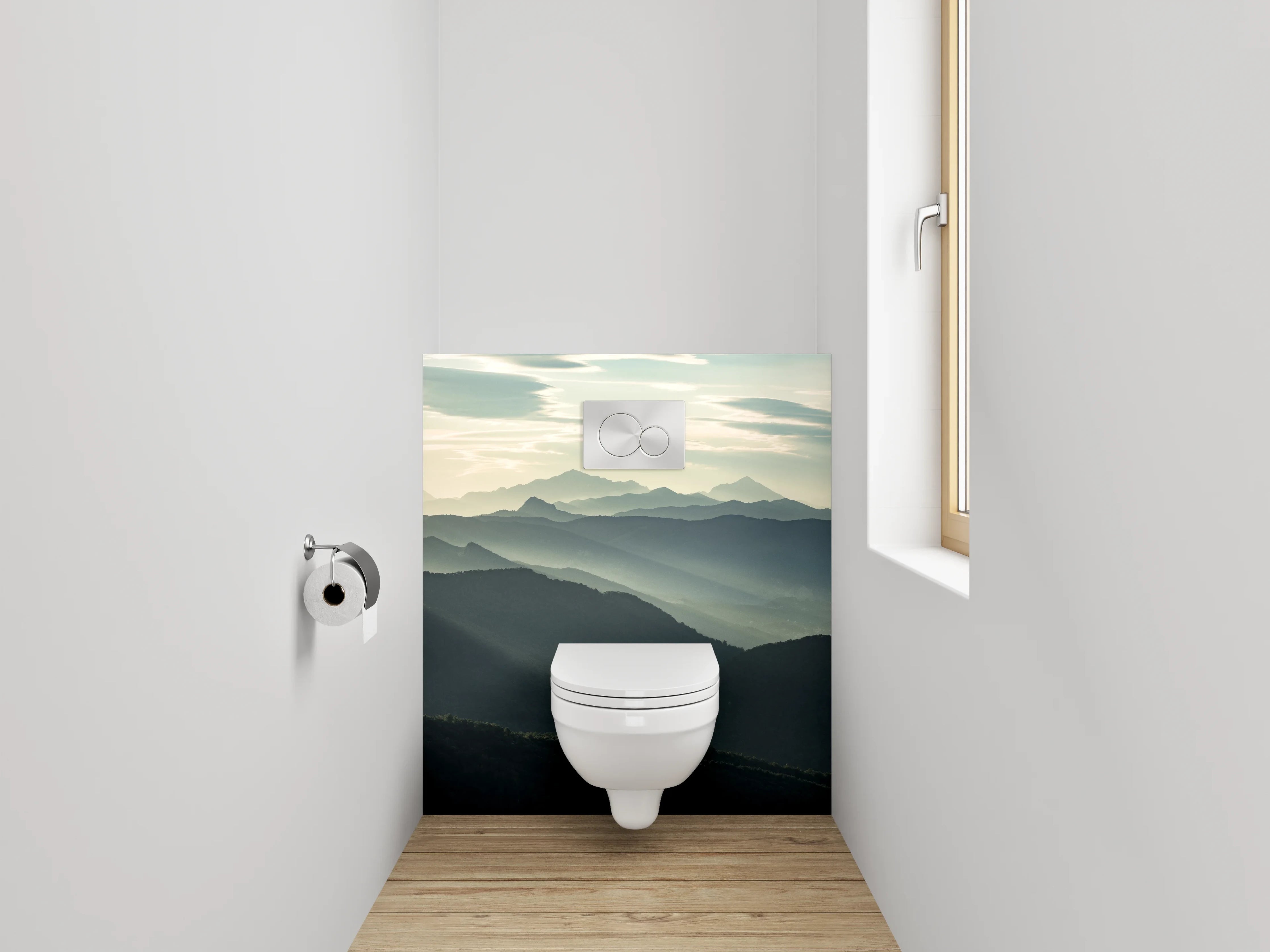WC-Rückwand - Mystische Berge im Morgengrauen