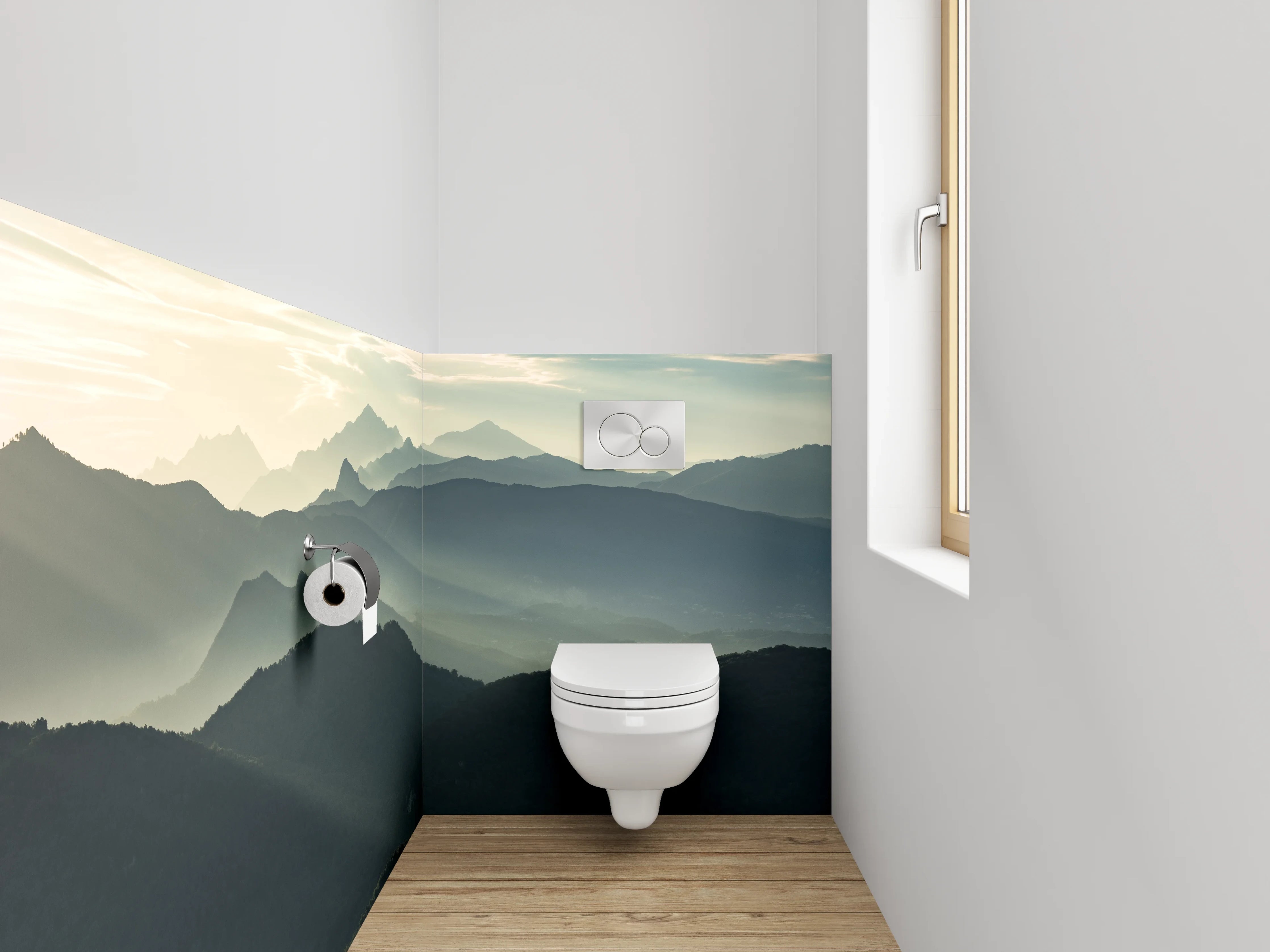 WC-Rückwand - Mystische Berge im Morgengrauen