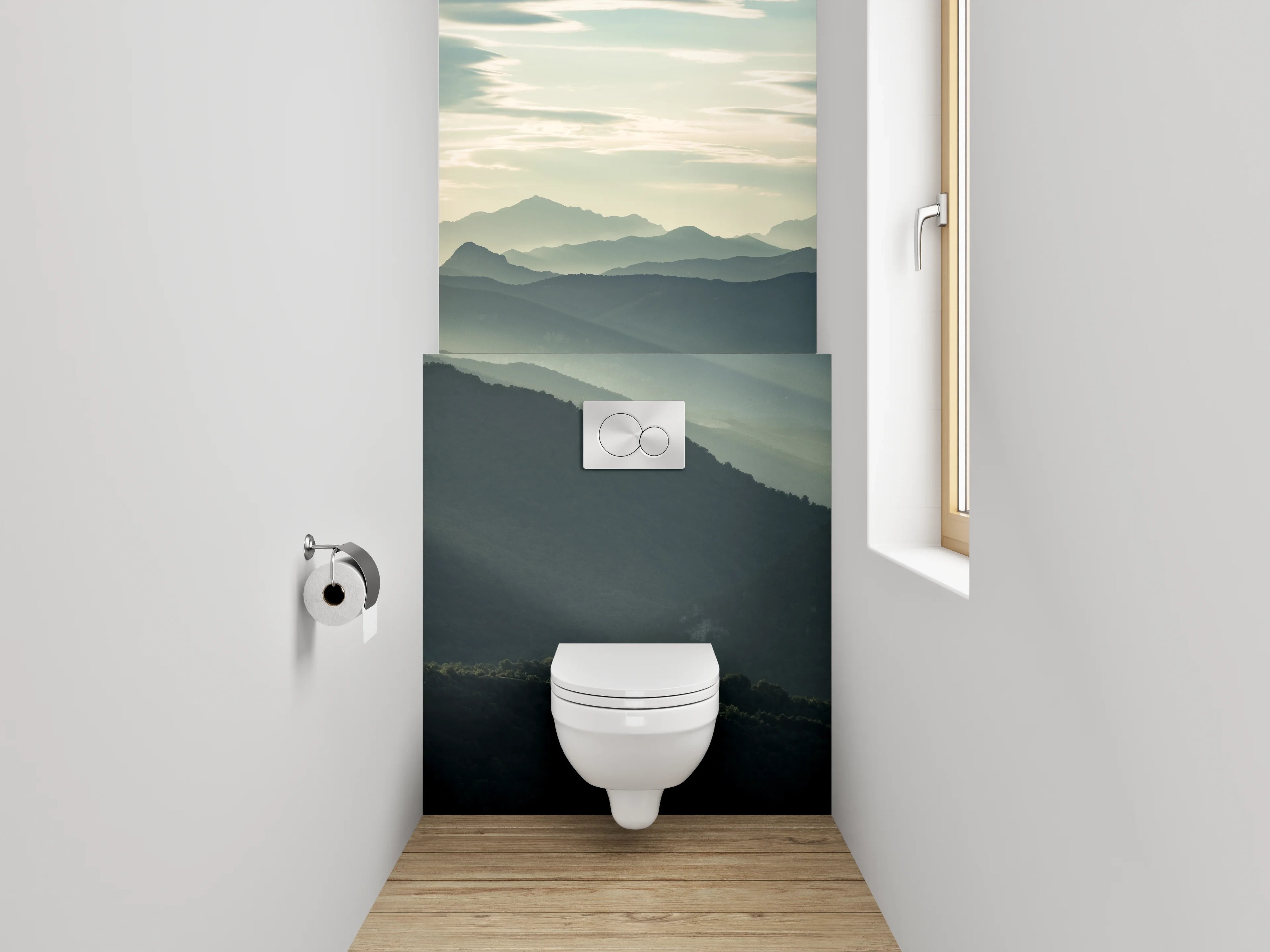WC-Rückwand - Mystische Berge im Morgengrauen