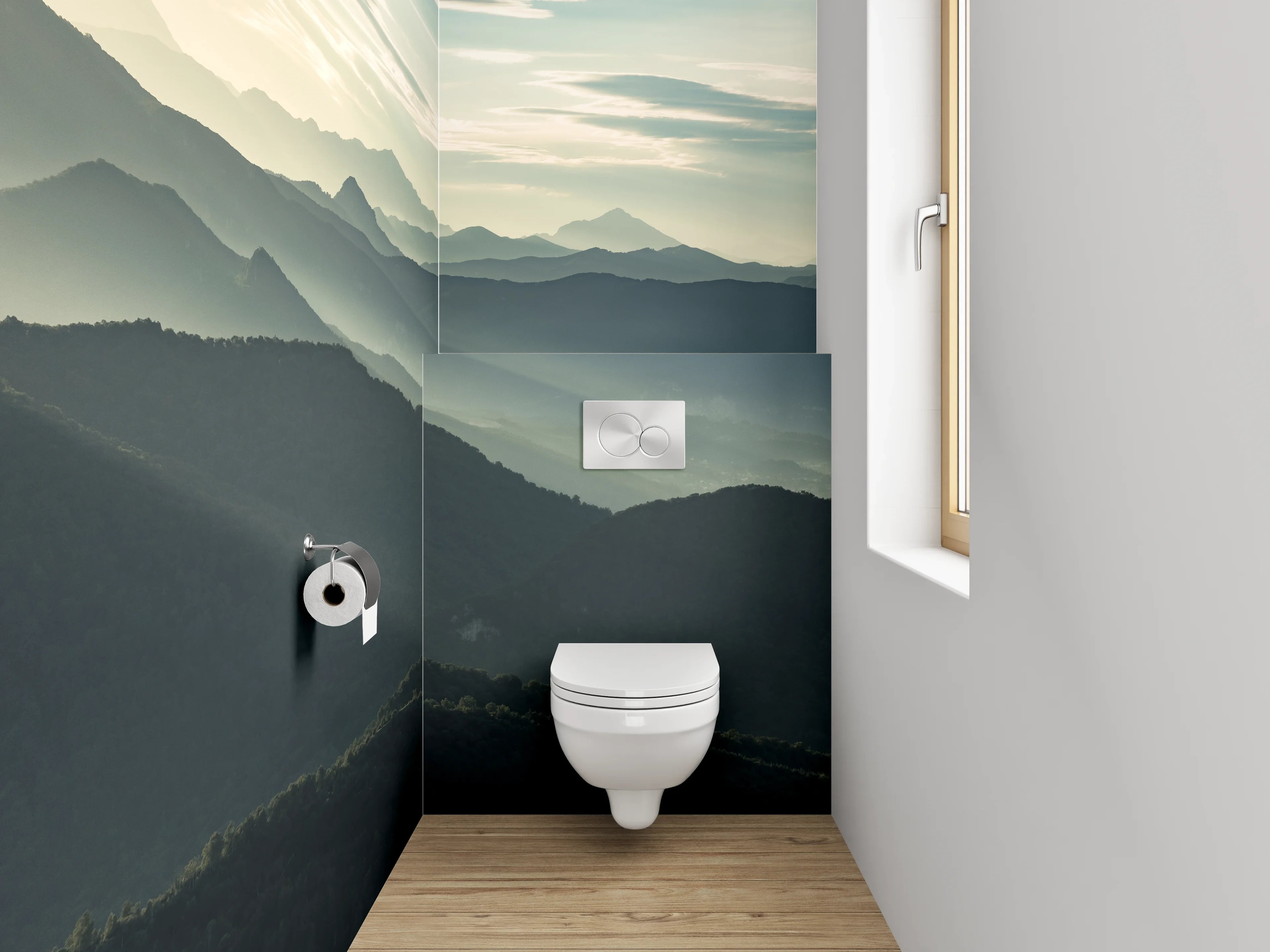 WC-Rückwand - Mystische Berge im Morgengrauen