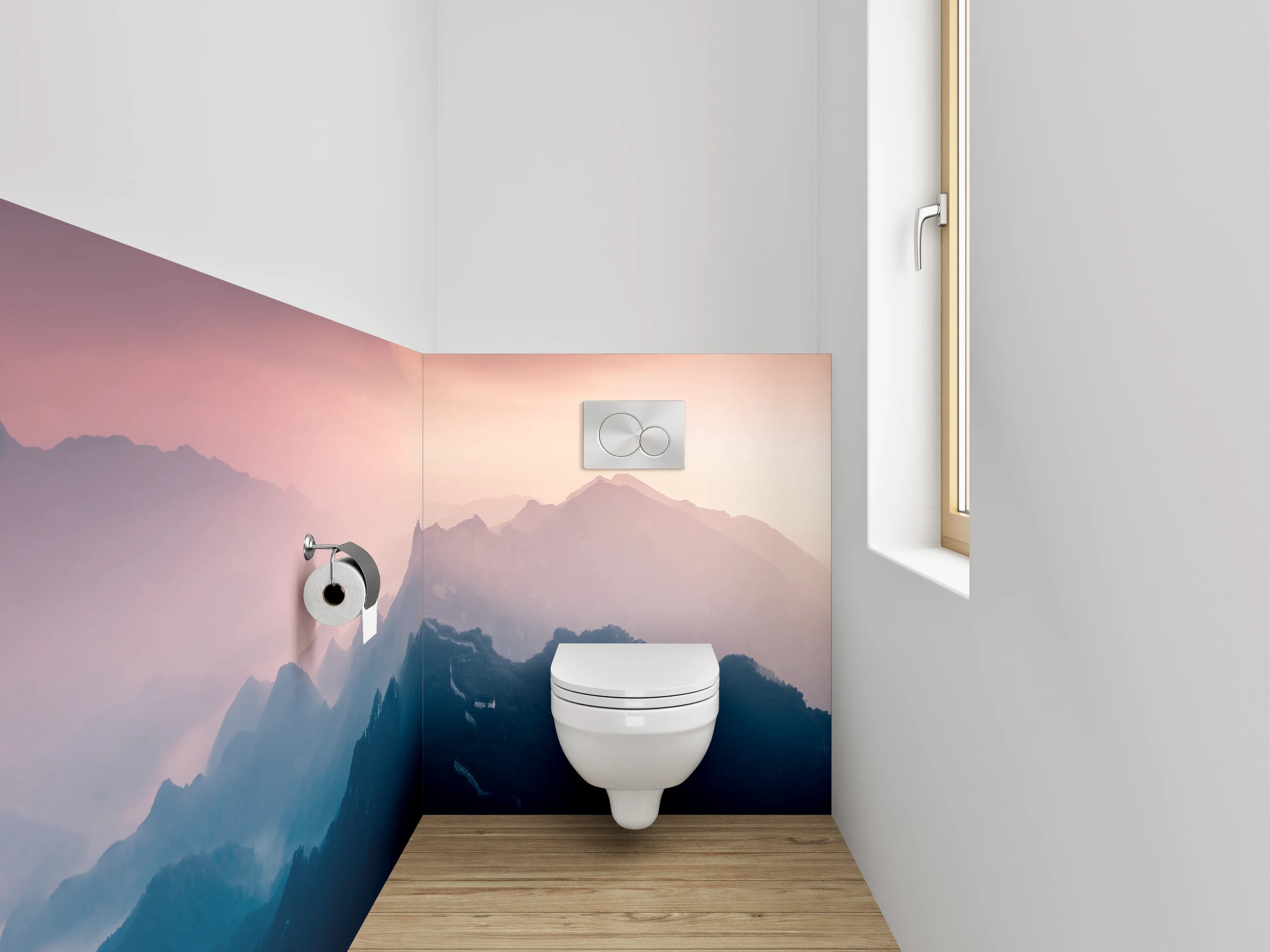 WC-Rückwand - Mystische Berge im sanften Morgenlicht