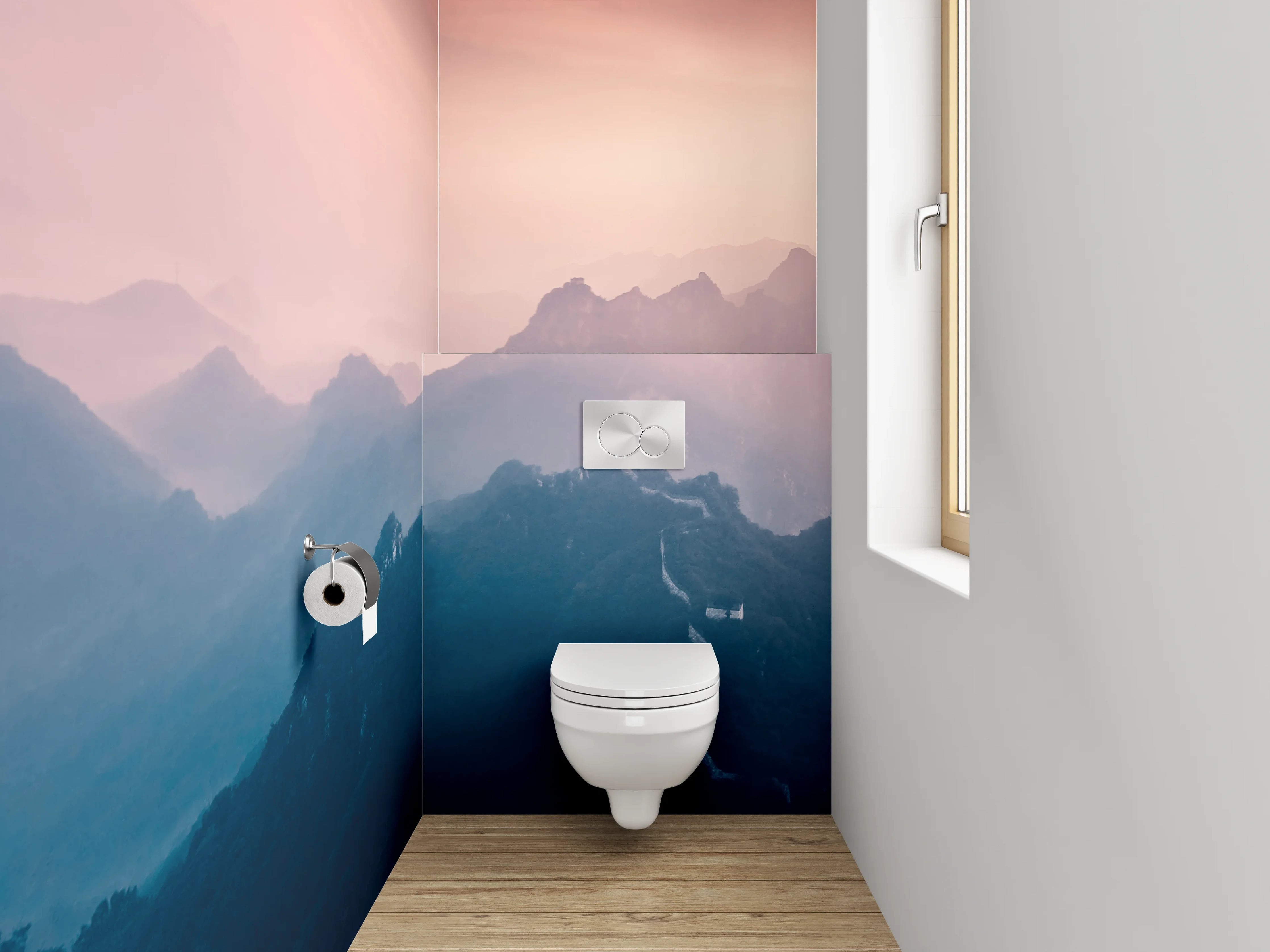 WC-Rückwand - Mystische Berge im sanften Morgenlicht