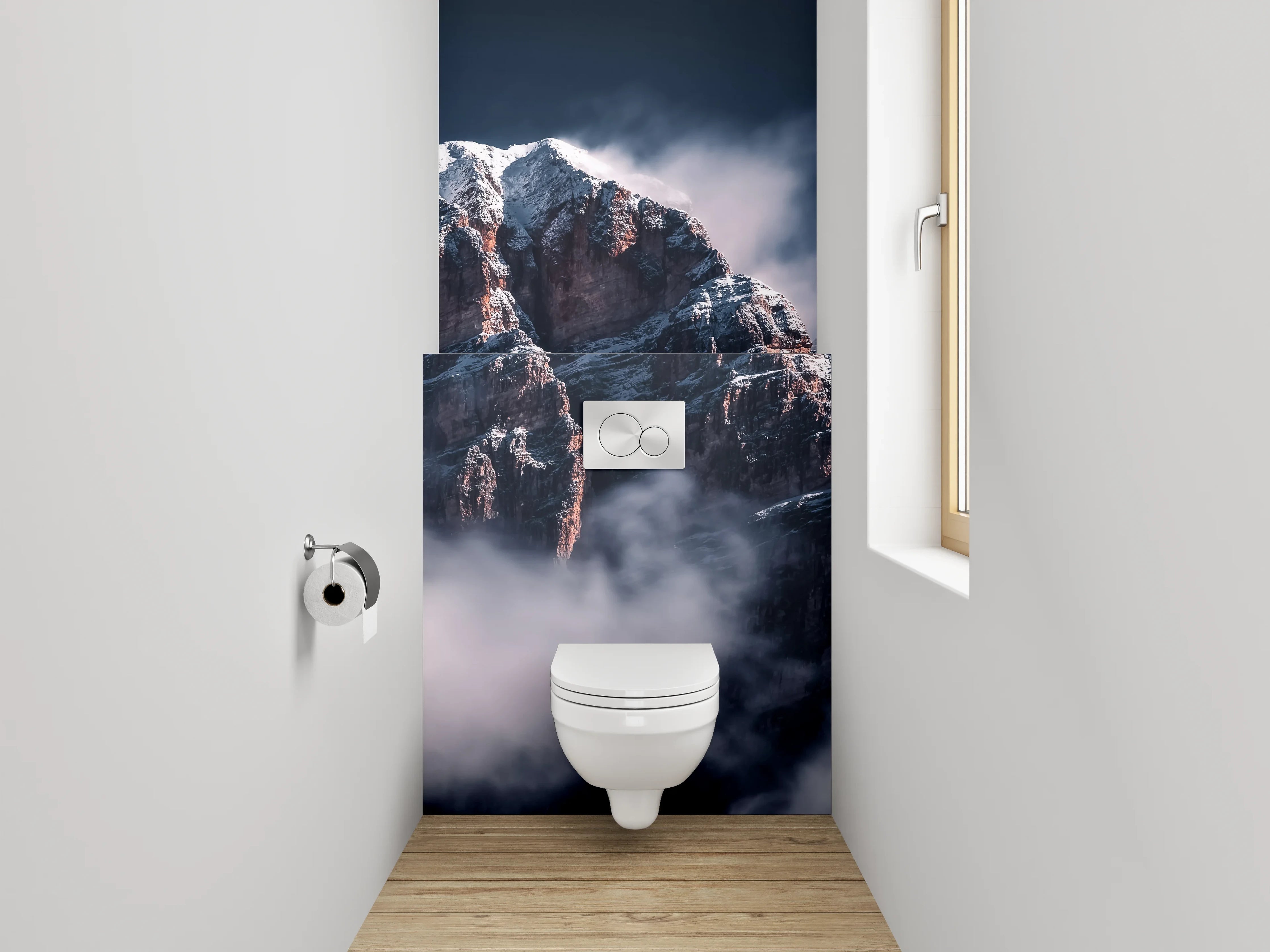 WC-Rückwand - Mystische Berggipfel in Wolken
