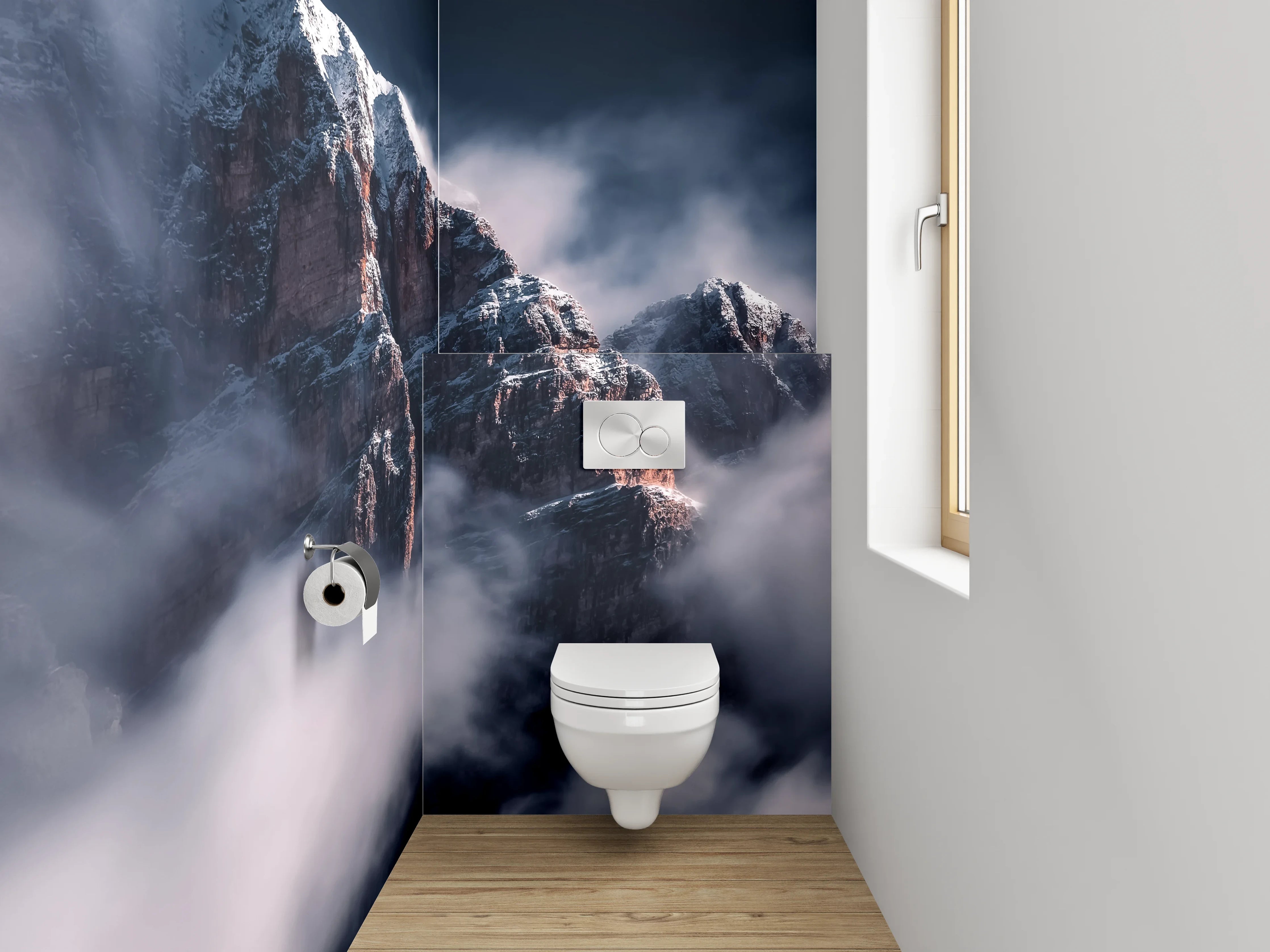 WC-Rückwand - Mystische Berggipfel in Wolken