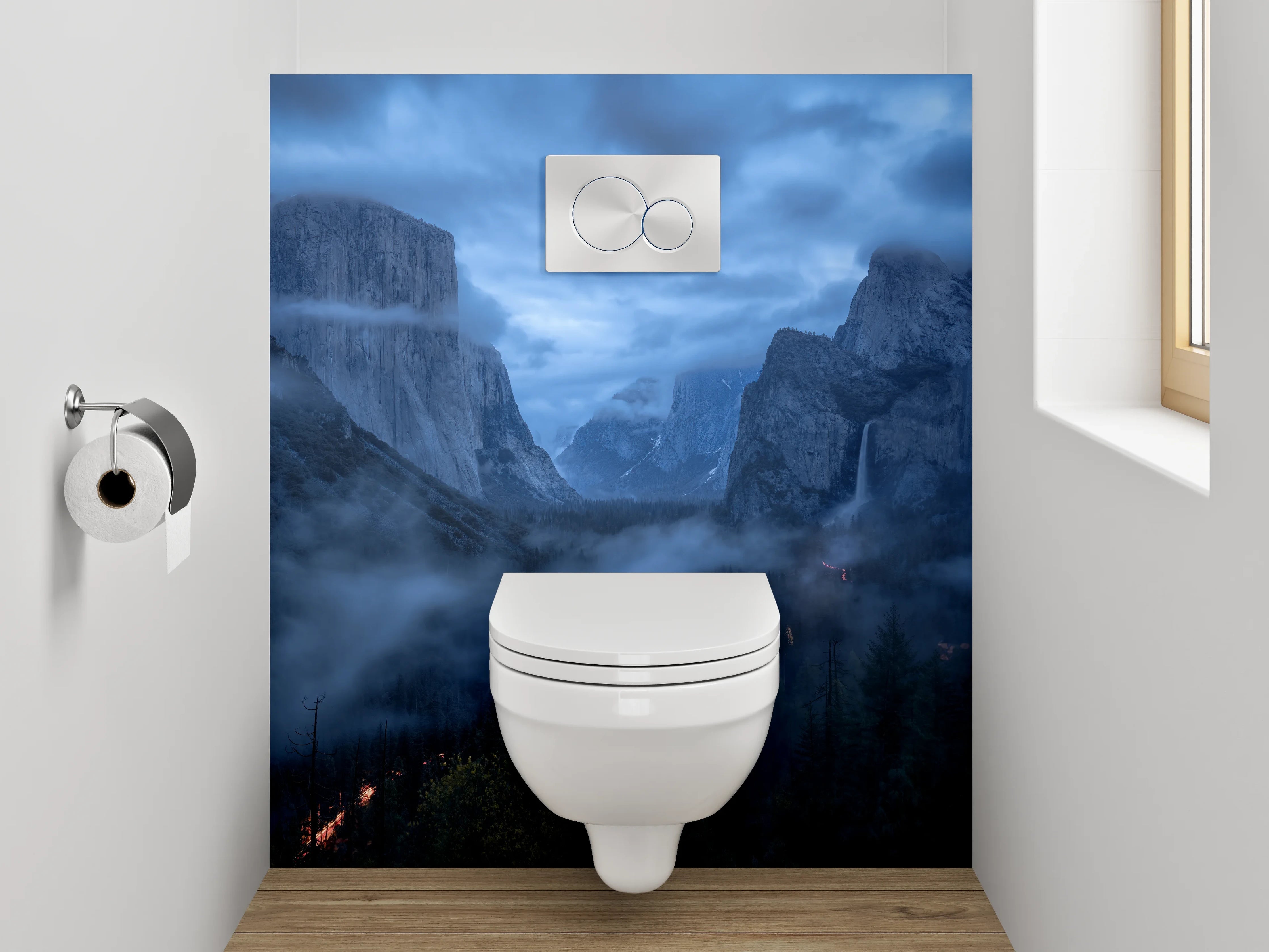 WC-Rückwand - Mystische Berglandschaft im Nebel