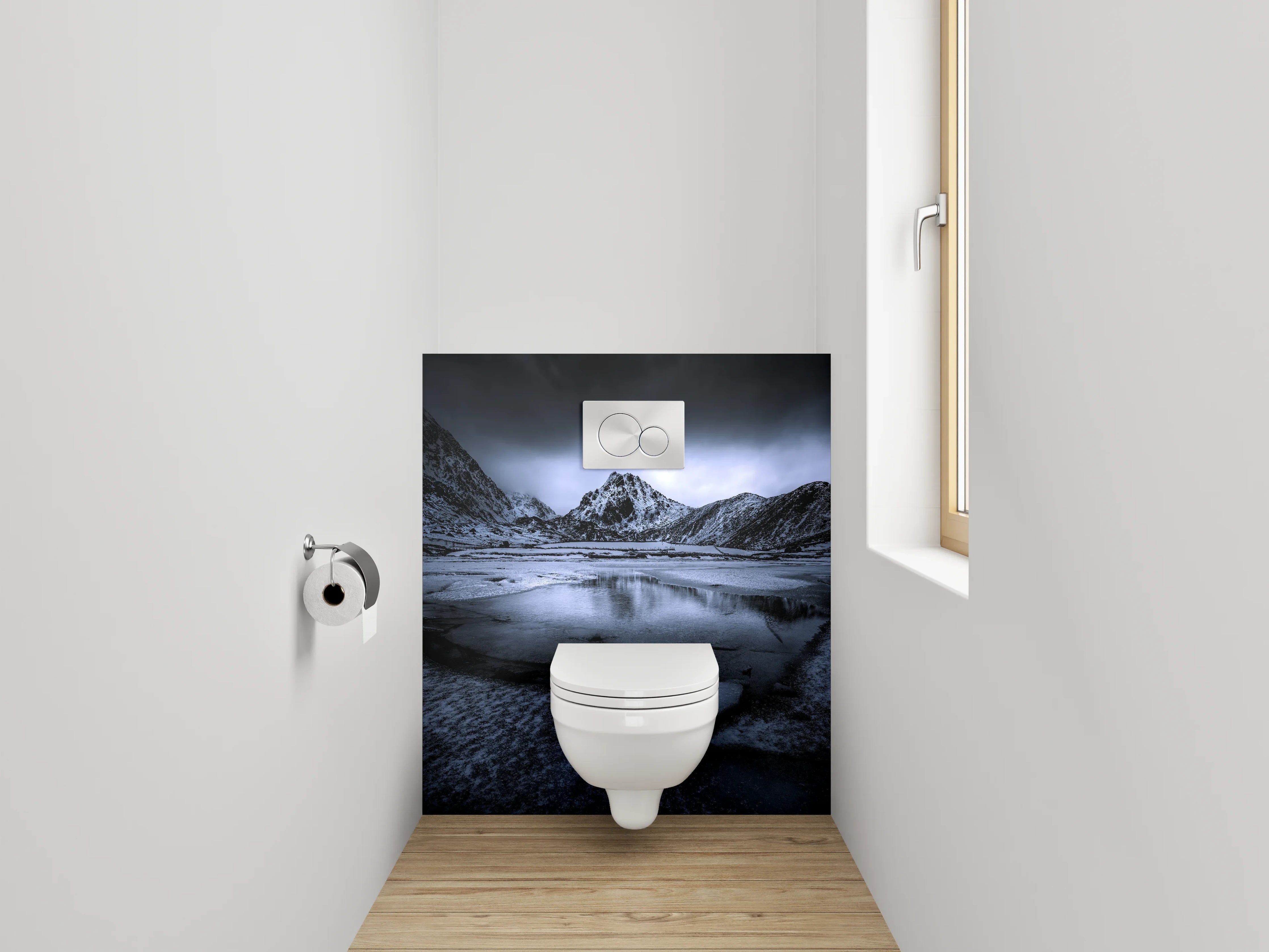 WC-Rückwand - Mystische Berglandschaft in Blau und Schwarz