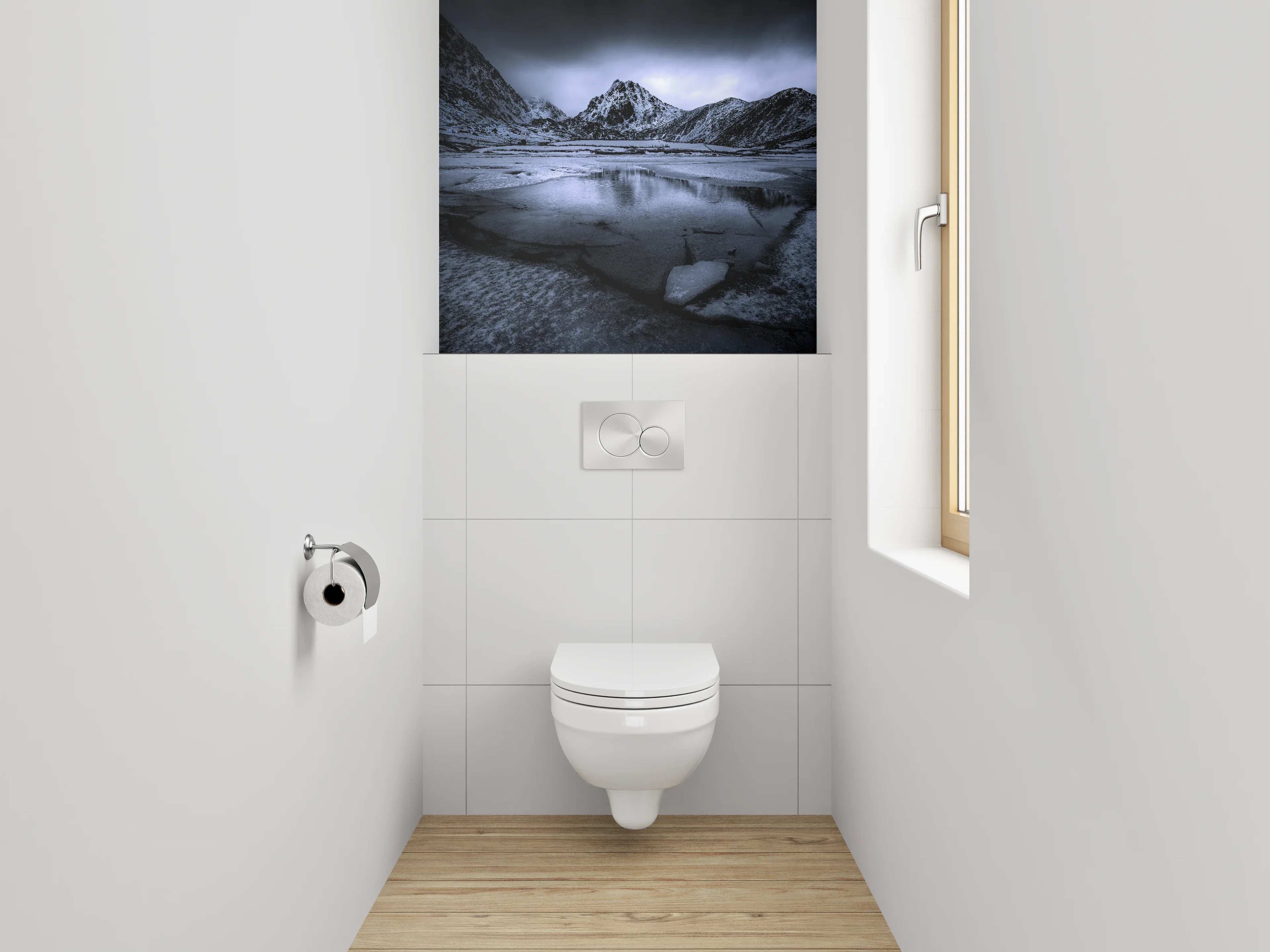 WC-Rückwand - Mystische Berglandschaft in Blau und Schwarz