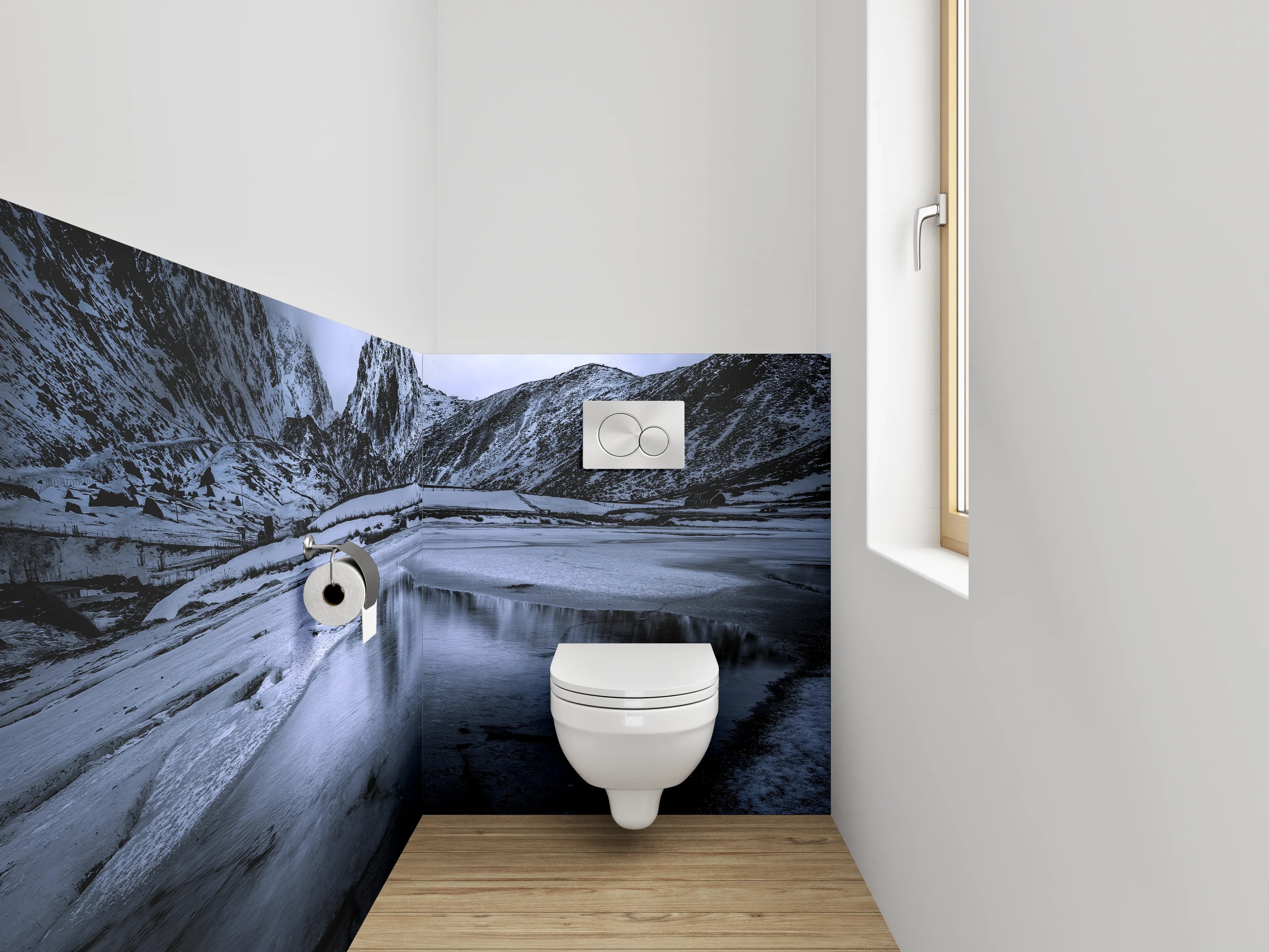 WC-Rückwand - Mystische Berglandschaft in Blau und Schwarz