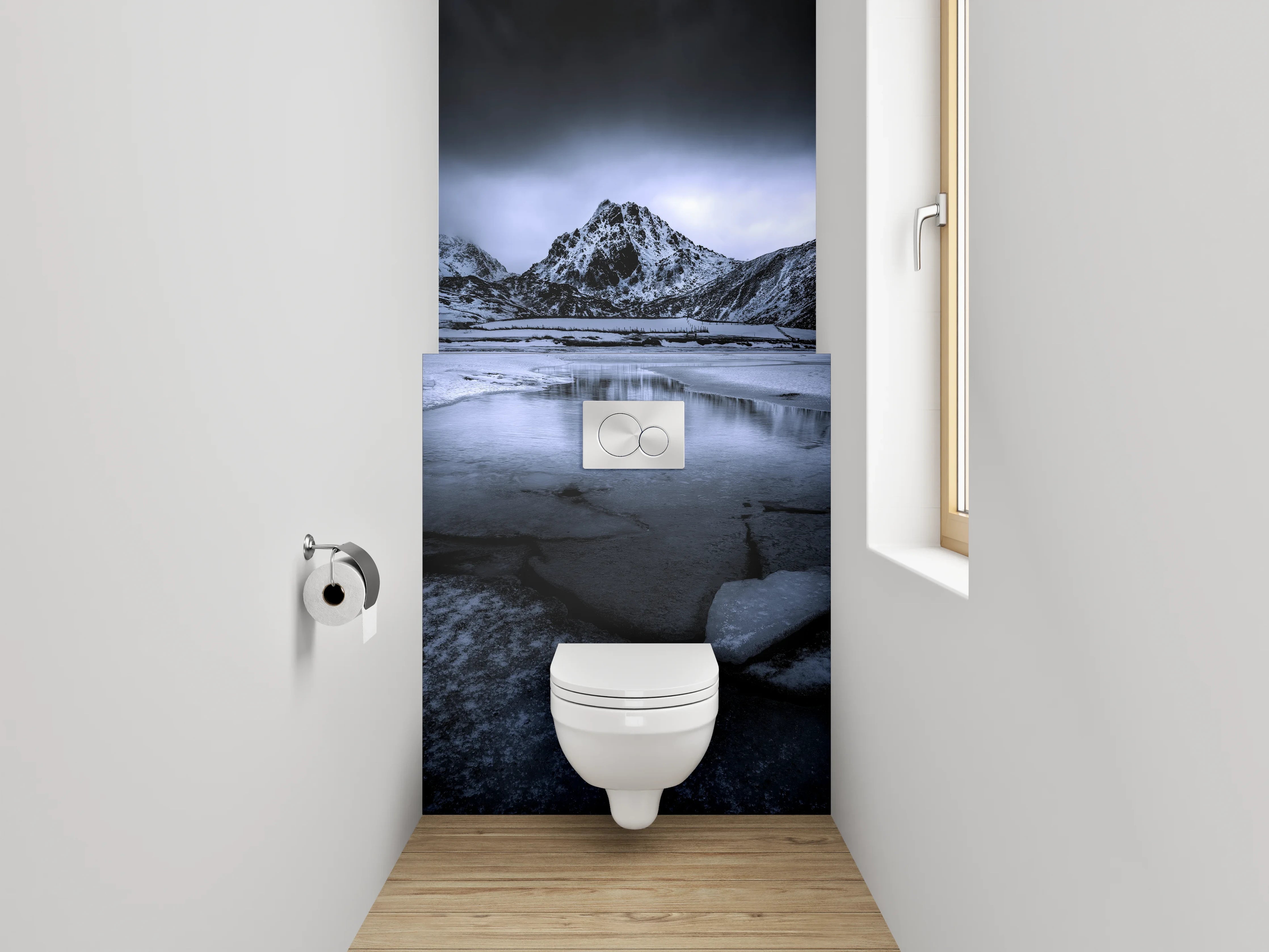 WC-Rückwand - Mystische Berglandschaft in Blau und Schwarz