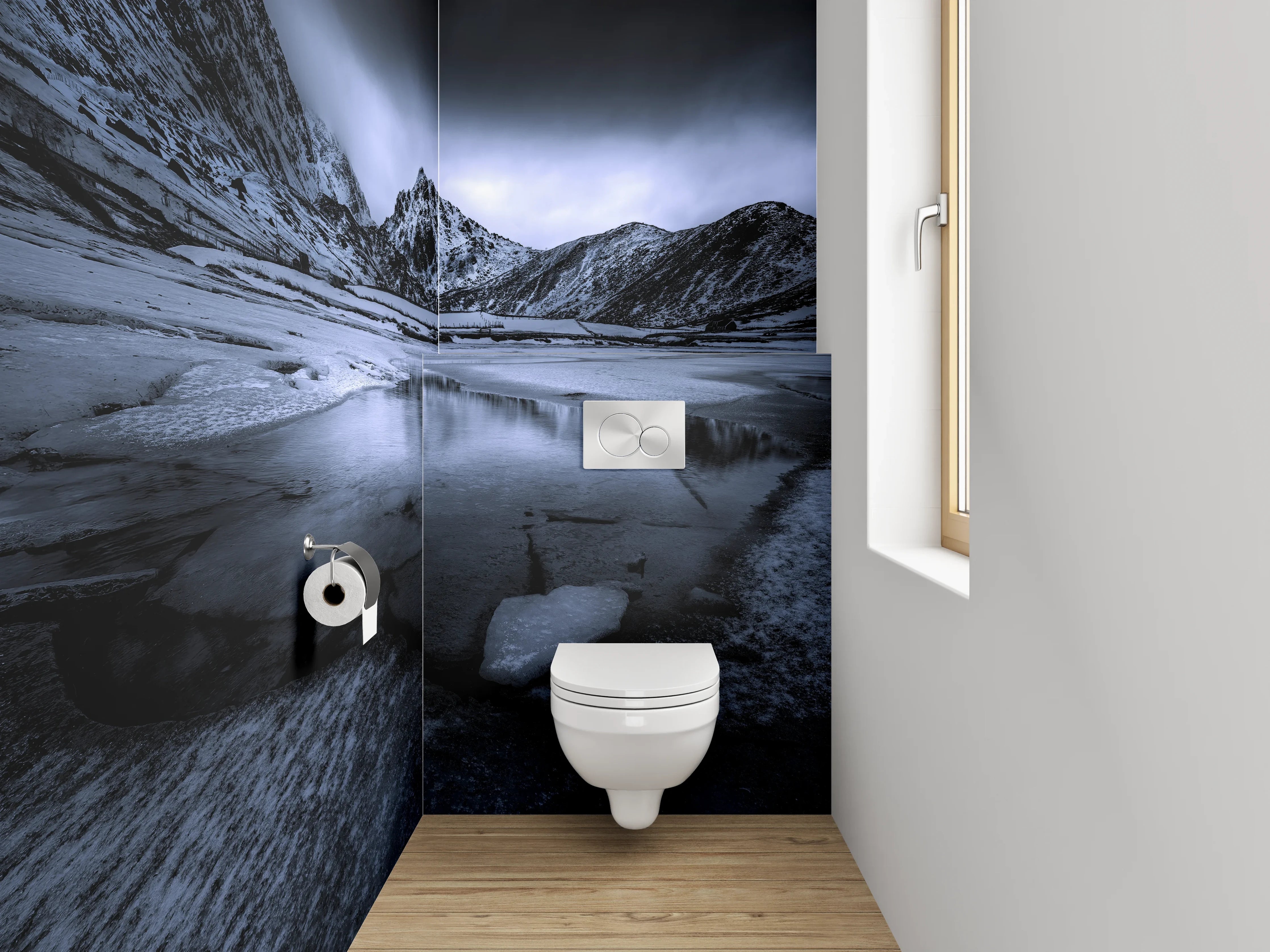 WC-Rückwand - Mystische Berglandschaft in Blau und Schwarz