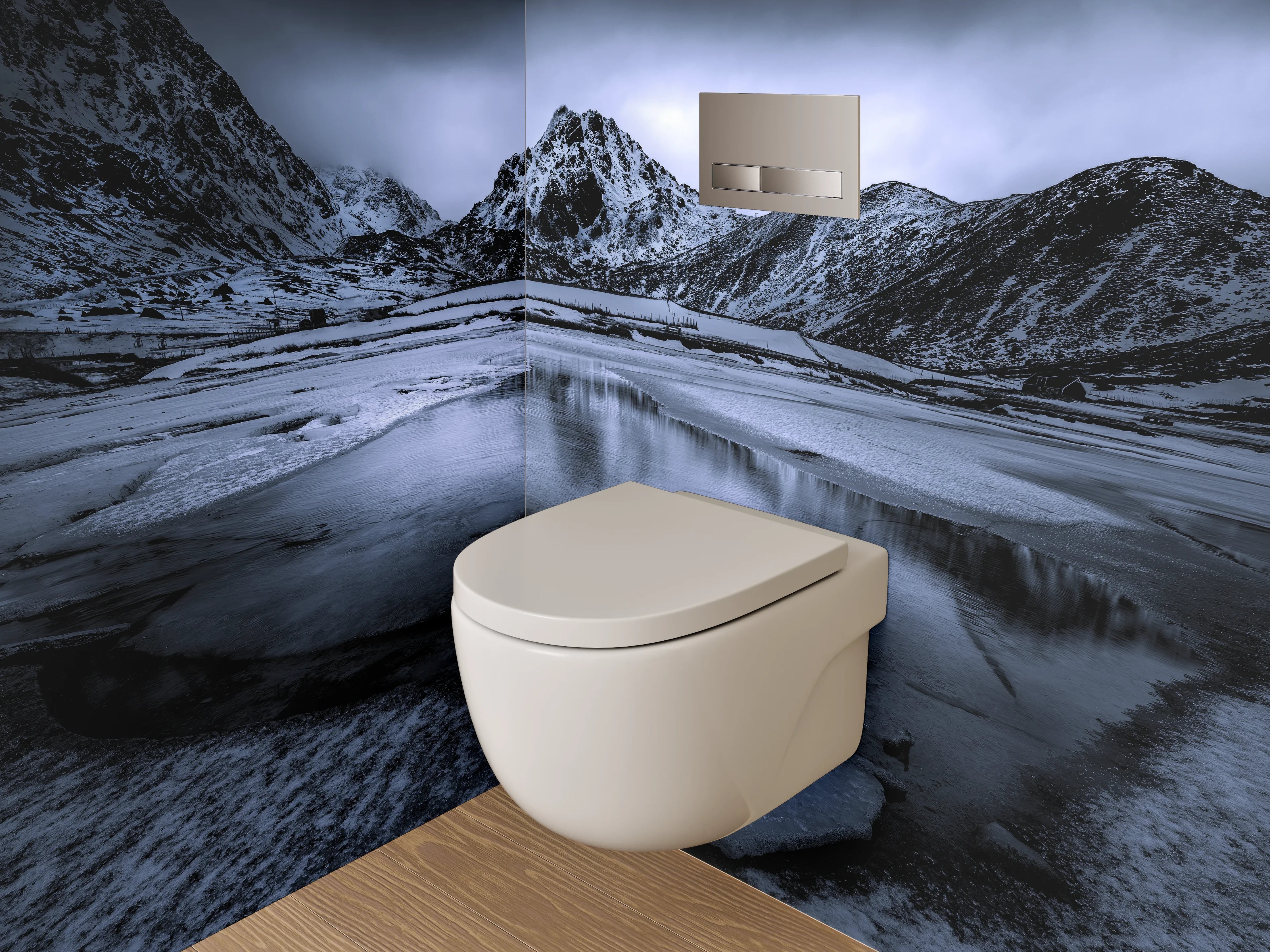 WC-Rückwand - Mystische Berglandschaft in Blau und Schwarz