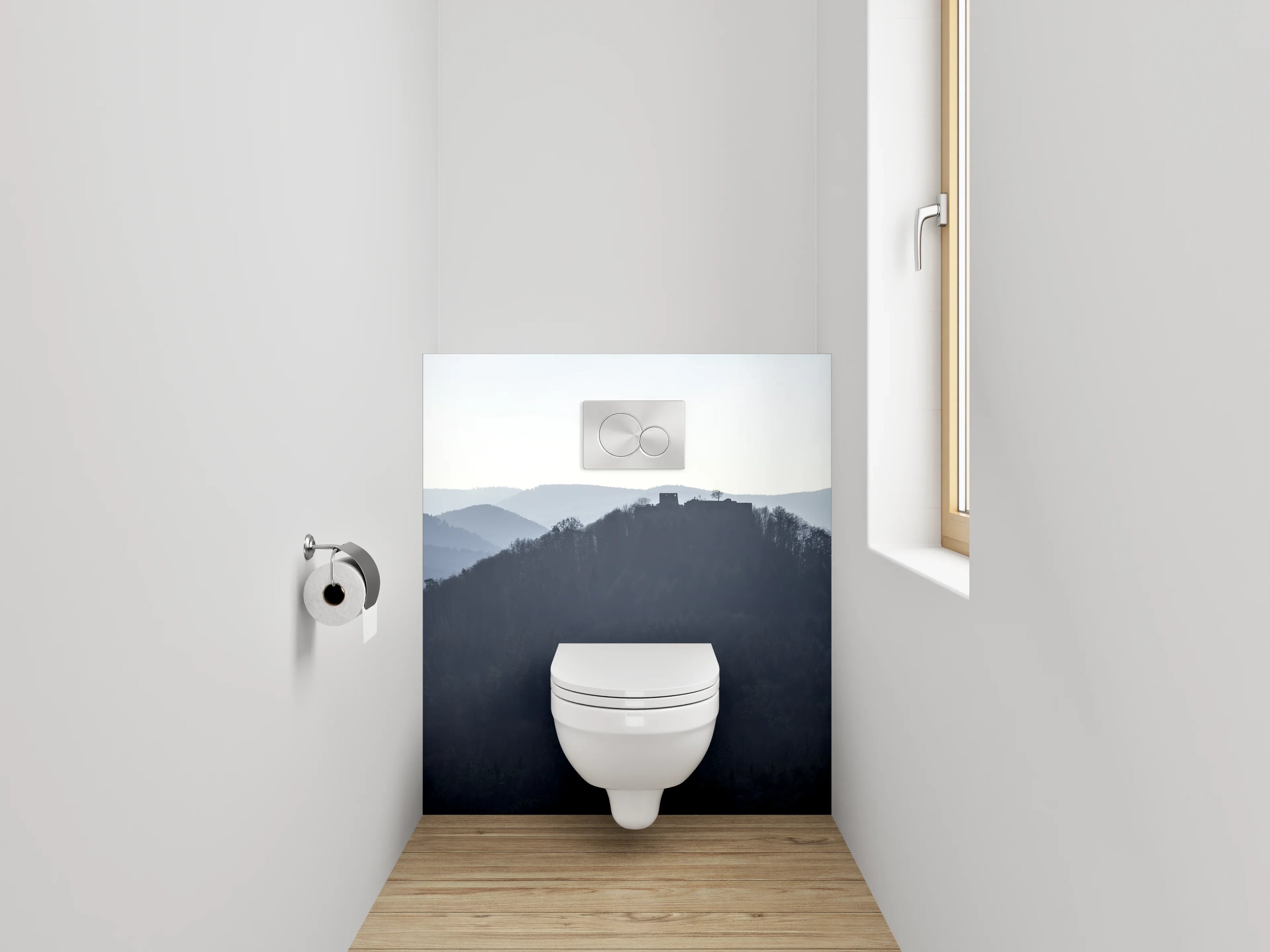 WC-Rückwand - Mystische Bergsilhouette im Morgennebel