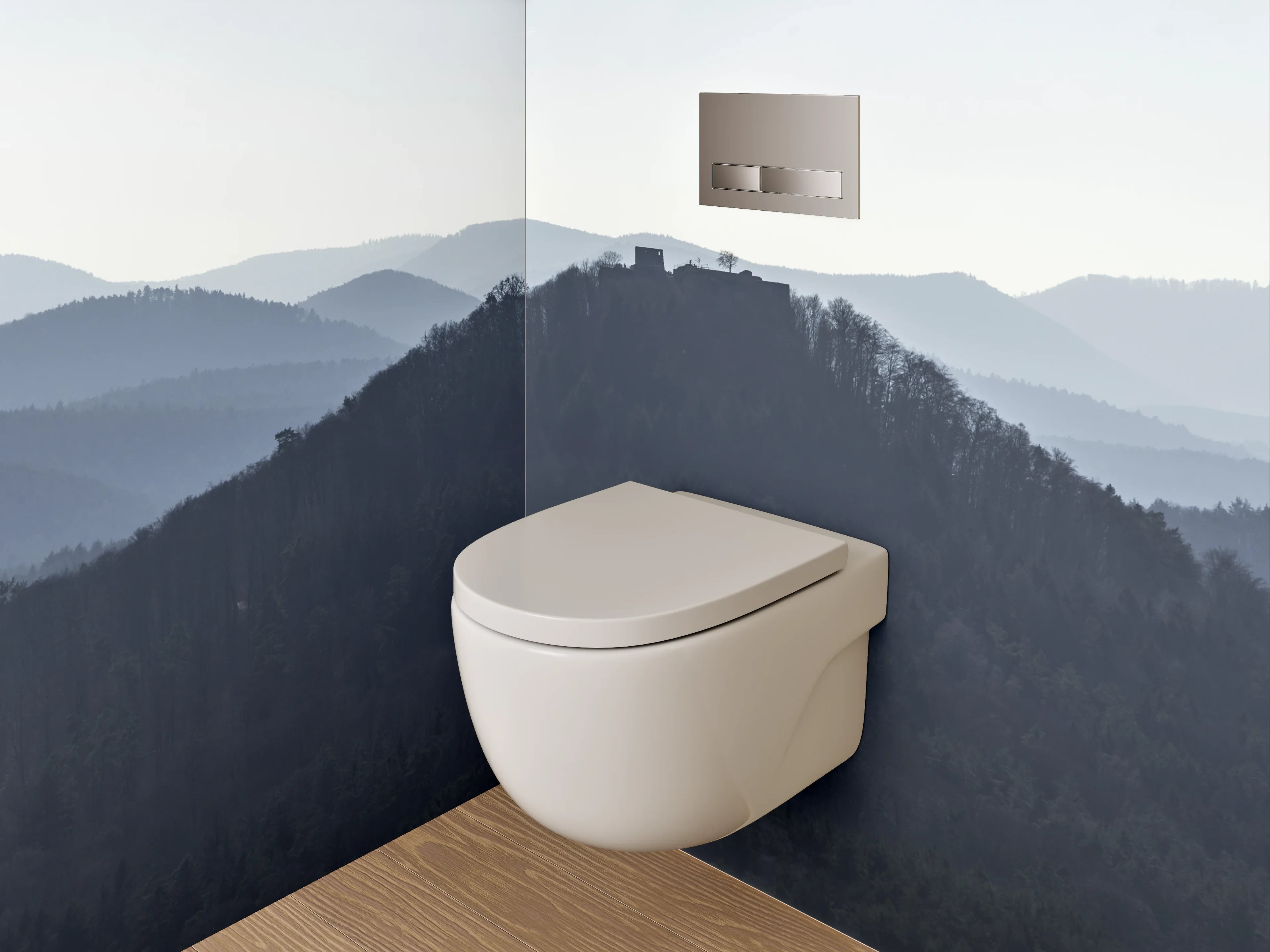 WC-Rückwand - Mystische Bergsilhouette im Morgennebel