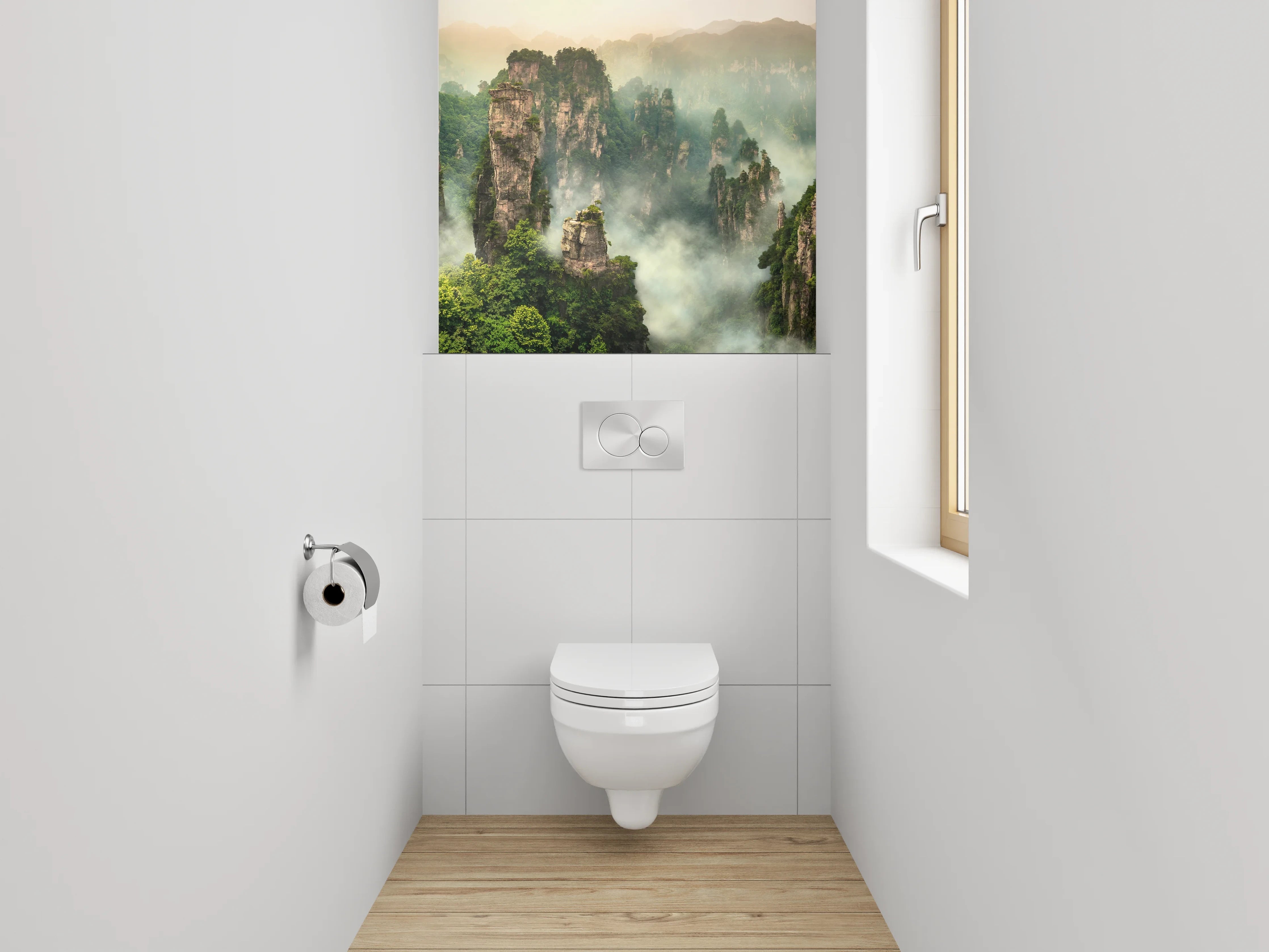 WC-Rückwand - Mystische Felsenlandschaft im Nebel