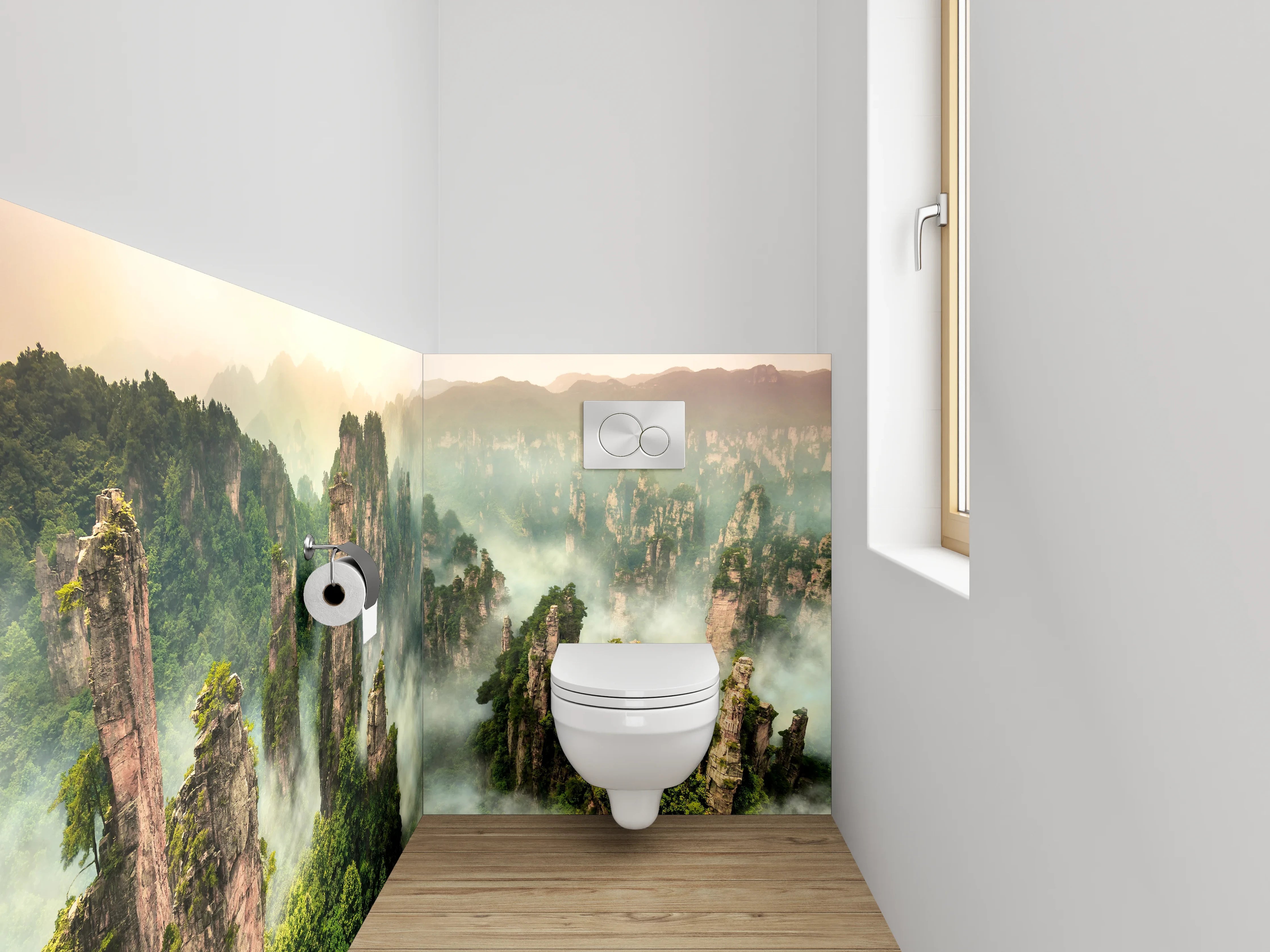 WC-Rückwand - Mystische Felsenlandschaft im Nebel